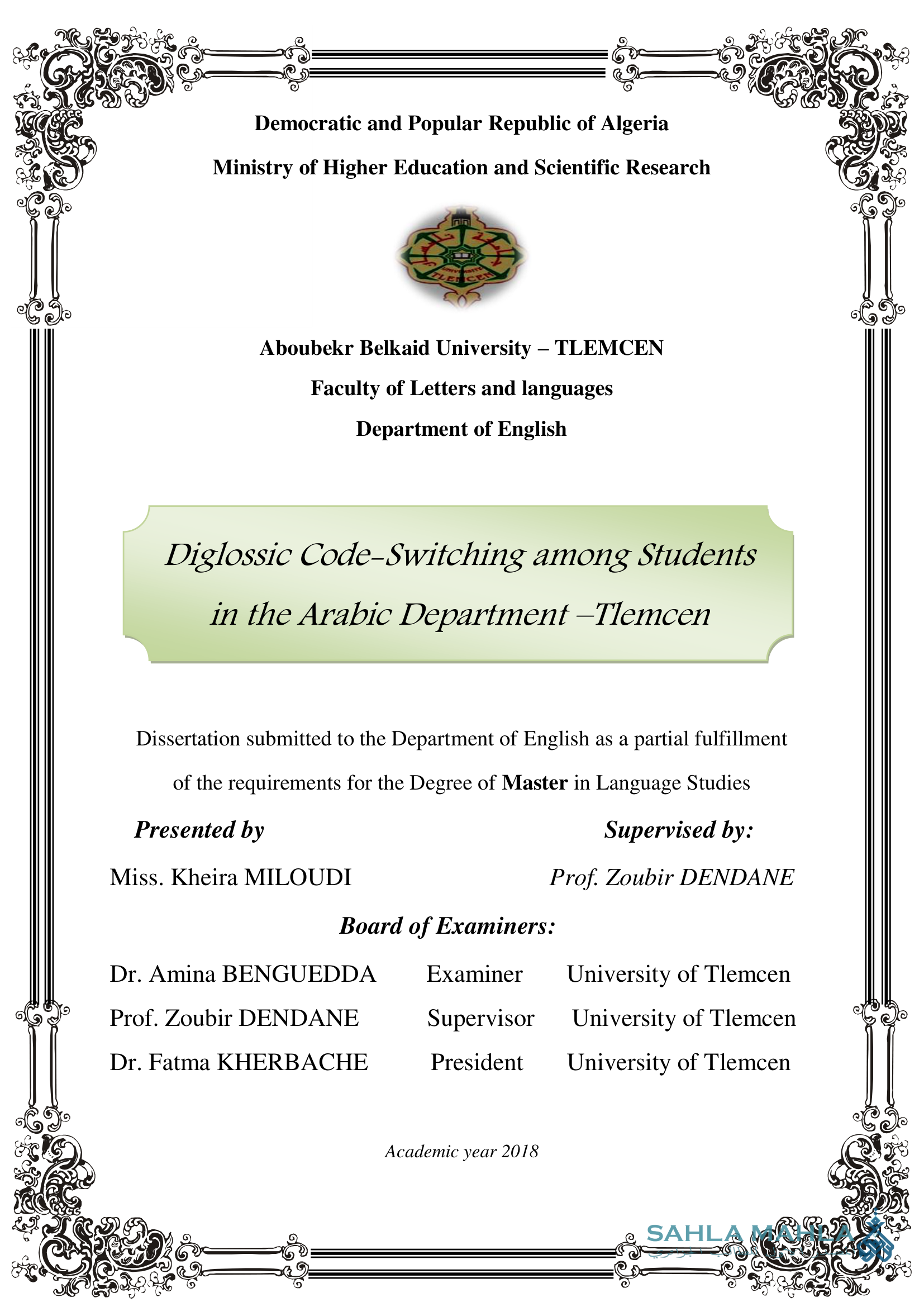 Diglossic Code-Switching among Students in the Arabic Department-Tlemcen