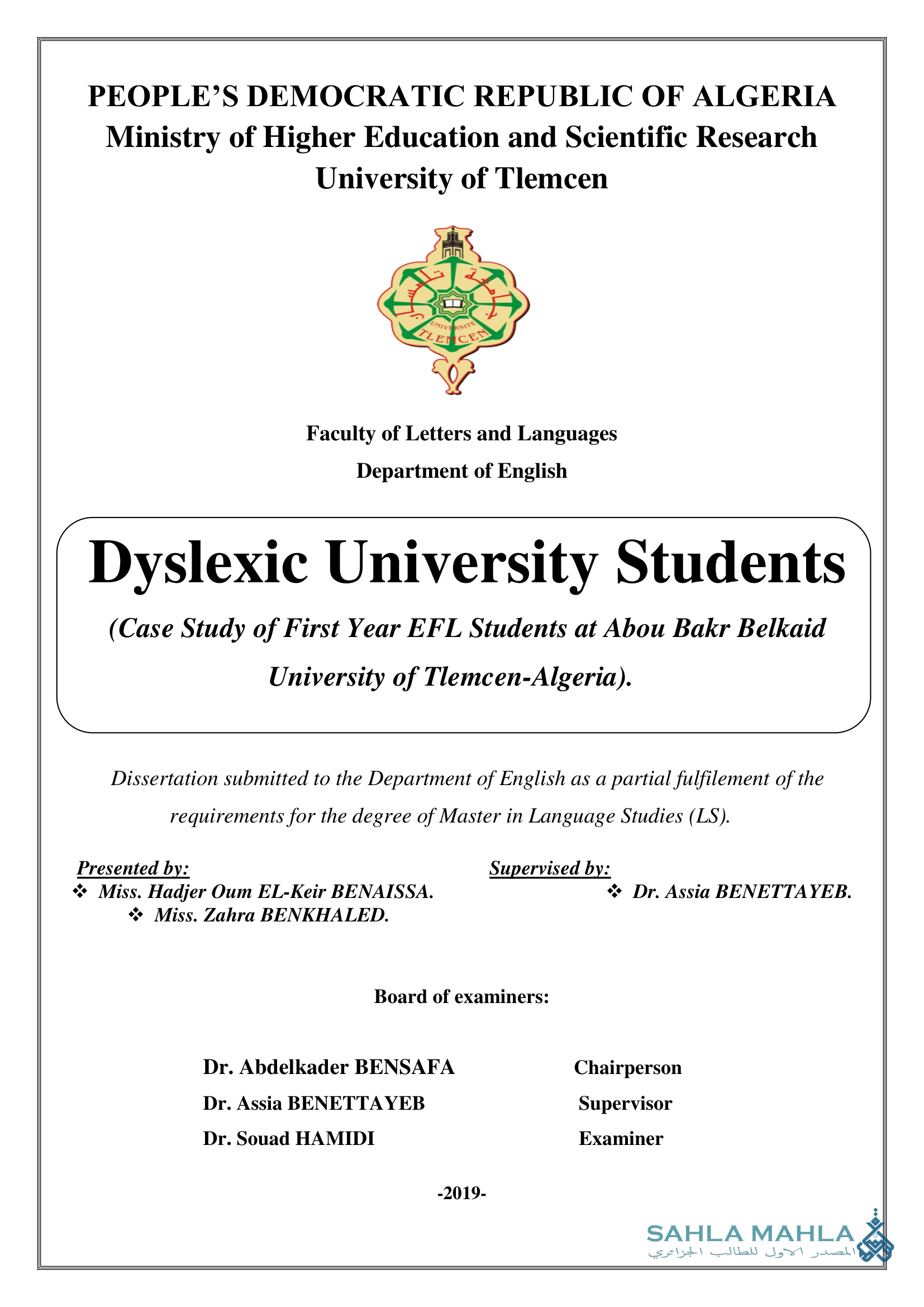Dyslexic University Students (Case Study of First Year EFL Students at Abou Bakr Belkaid University of Tlemcen-Algeria)