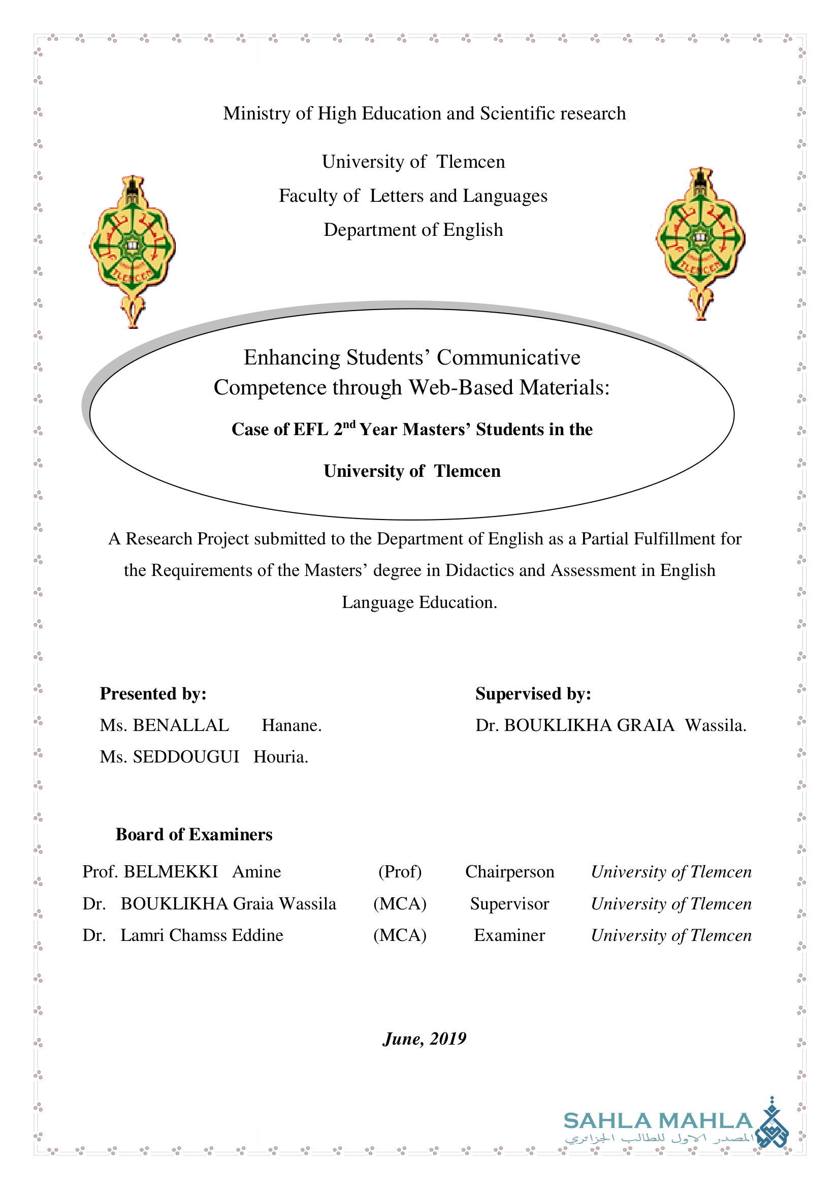 Enhancing Students' Communicative Competence through Web-Based Materials: Case of EFL 2nd Year Masters' Students in the University of Tlemcen