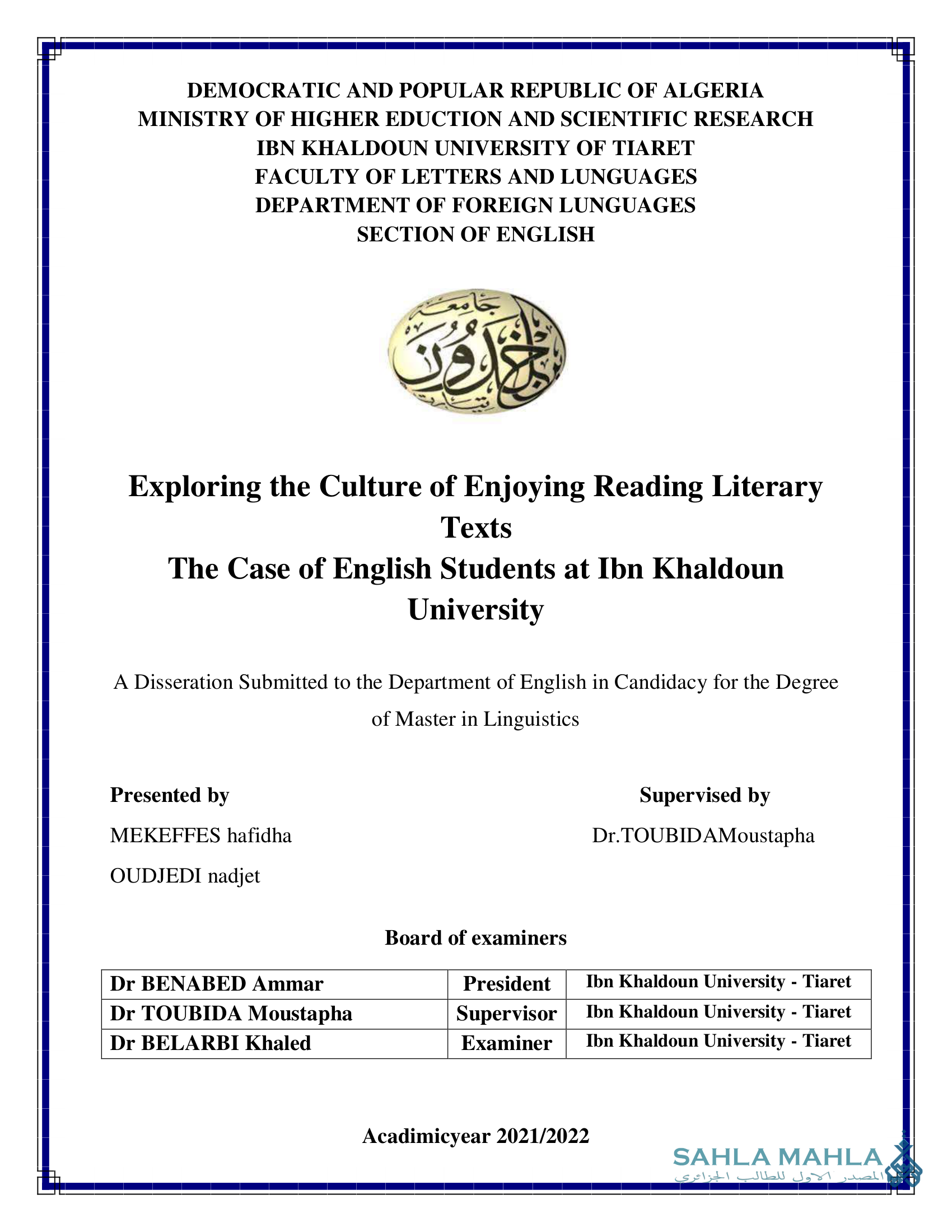 Exploring the Culture of Enjoying Reading Literary Texts - The Case of English Students at Ibn Khaldoun