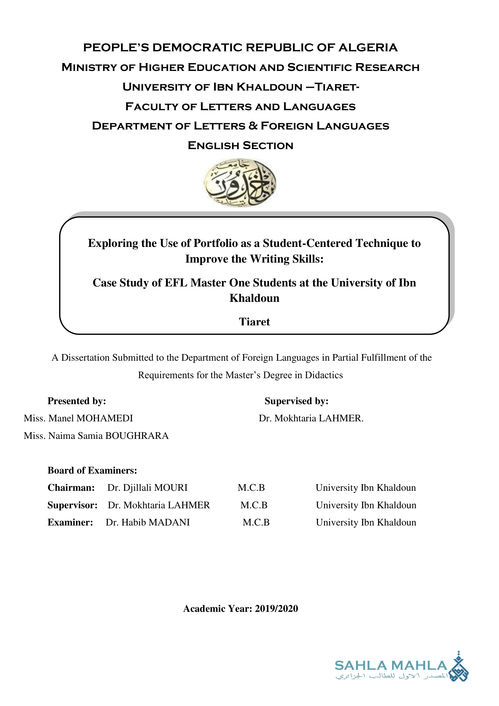 Exploring the Use of Portfolio as a Student-Centered Technique to Improve the Writing Skills: Case Study of EFL Master One Students at the University of Ibn Khaldoun Tiaret