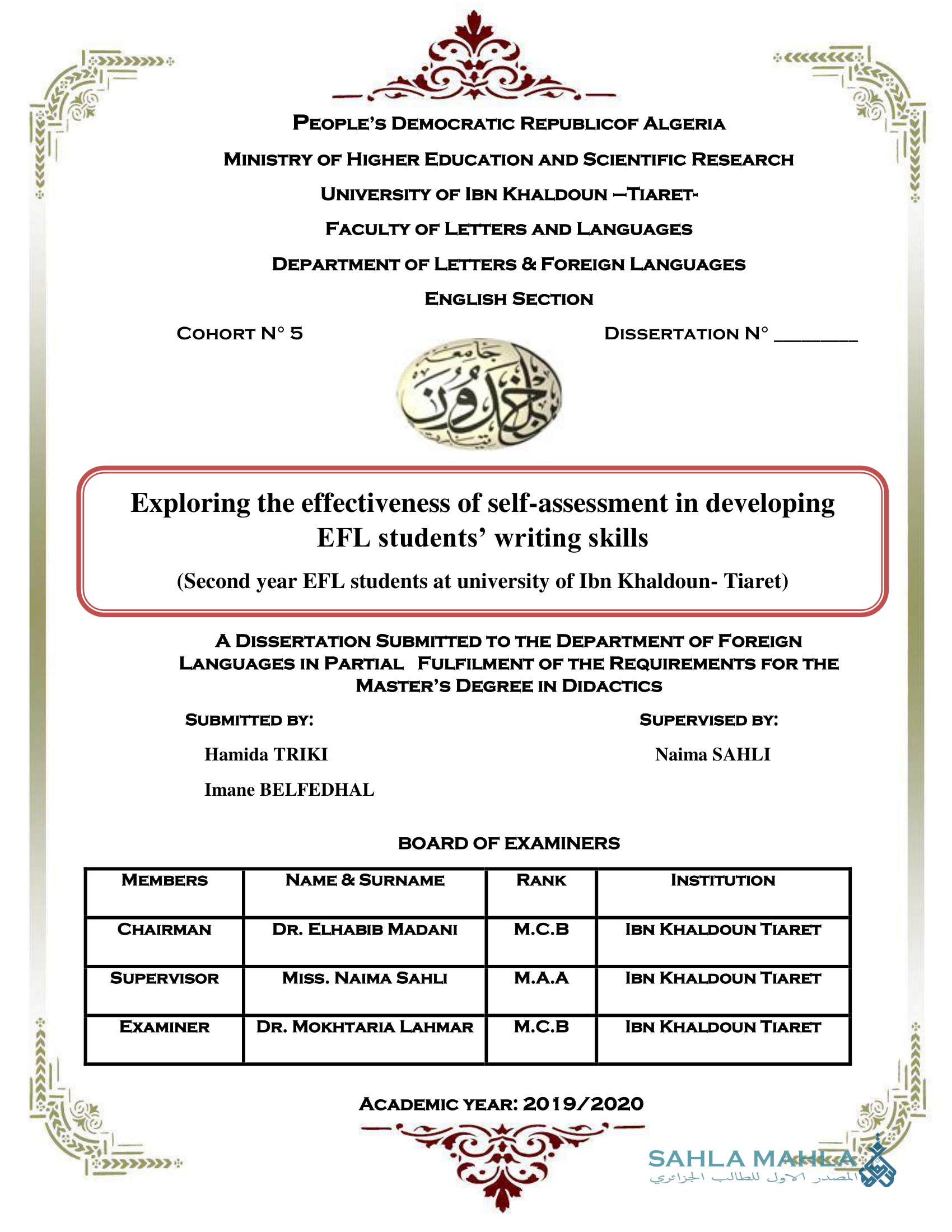 Exploring the effectiveness of self-assessment in developing EFL students' writing skills - Second year EFL students at university of Ibn Khaldoun- Tiaret