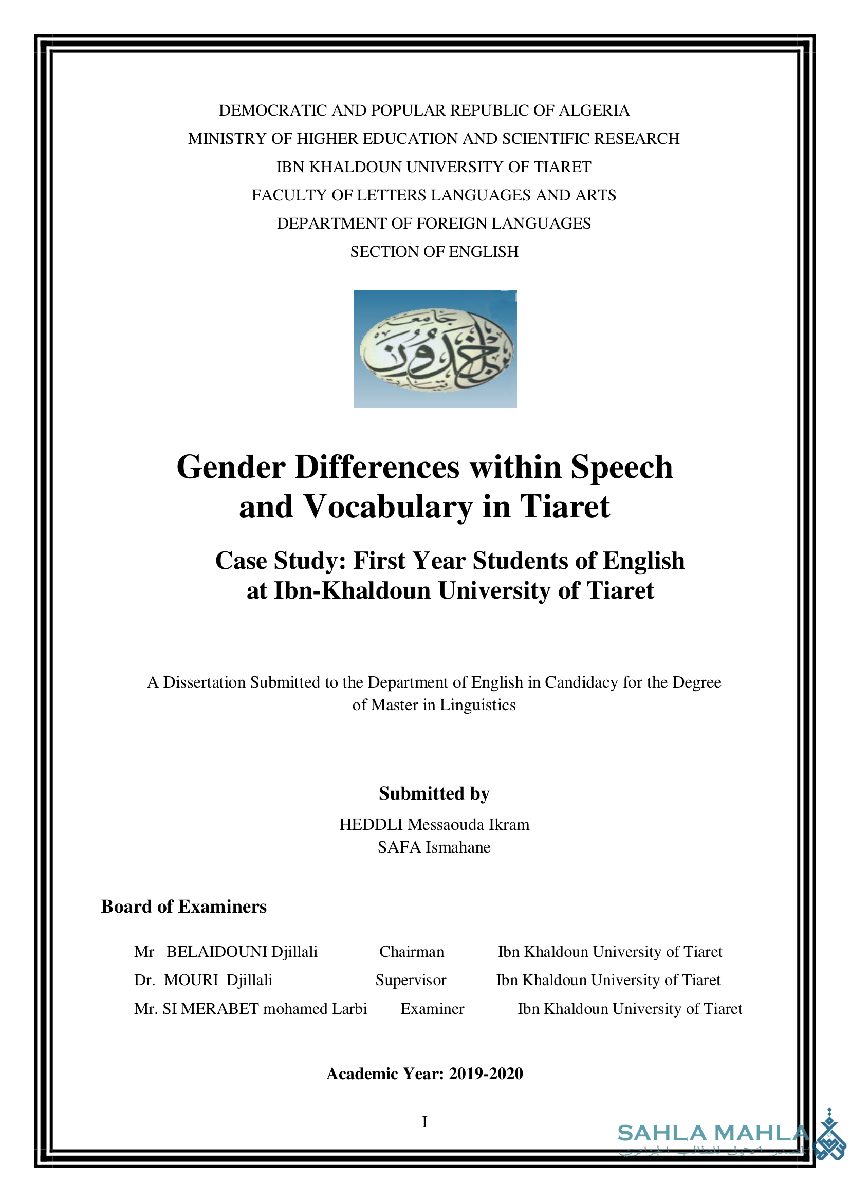 Gender Differences within Speech and Vocabulary in Tiaret