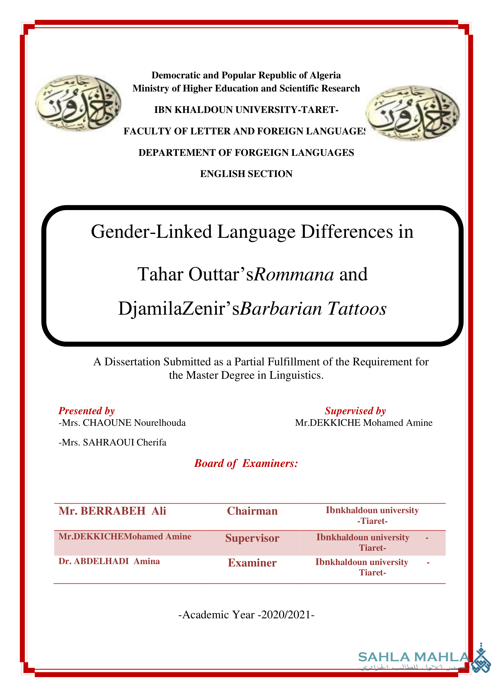 Gender-Linked Language Differences in Tahar Outtar's Rommana and Djamila Zenir's Barbarian Tattoos