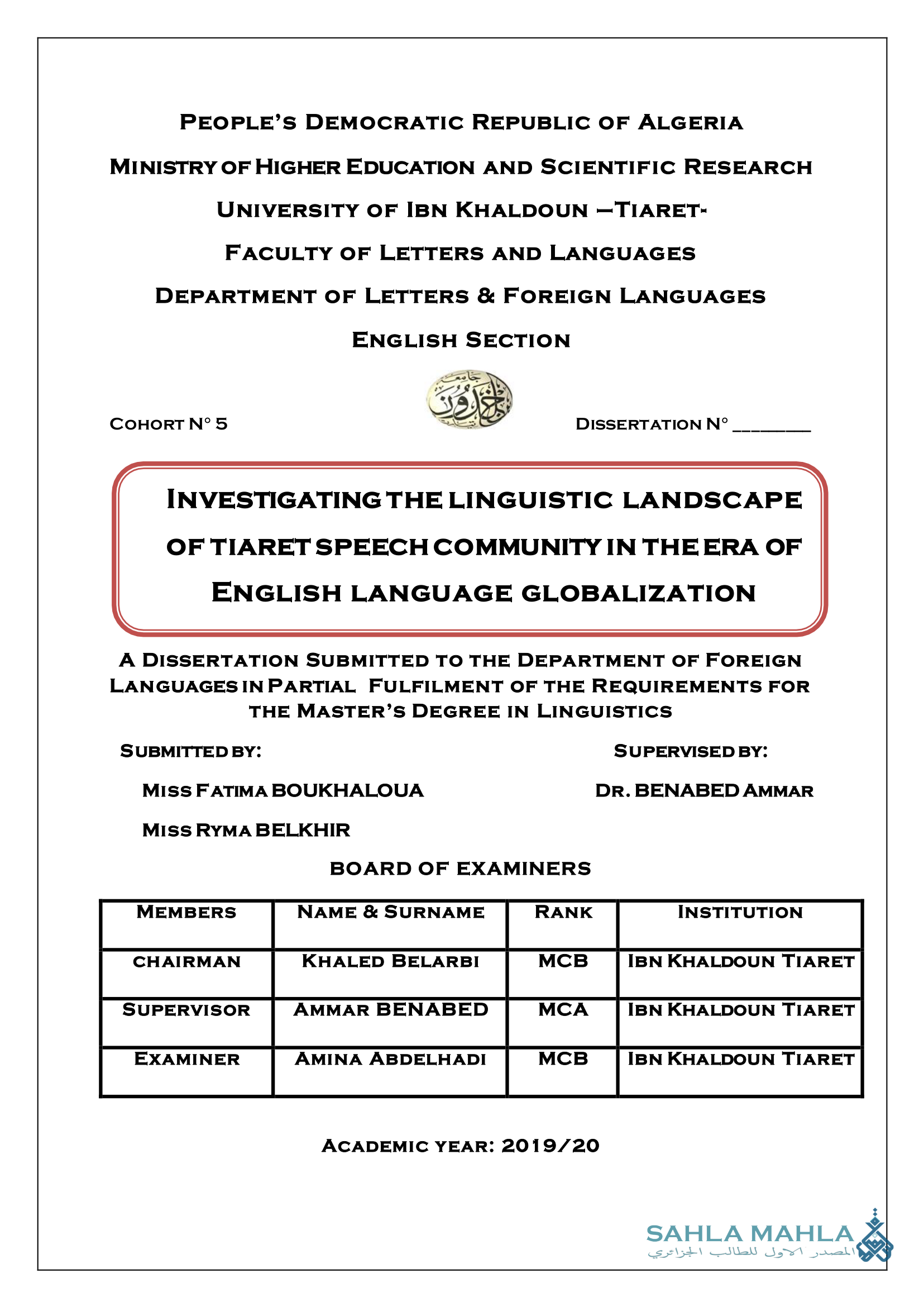 INVESTIGATING THE LINGUISTIC LANDSCAPE OF TIARET SPEECH COMMUNITY IN THE ERA OF ENGLISH LANGUAGE GLOBALIZATION