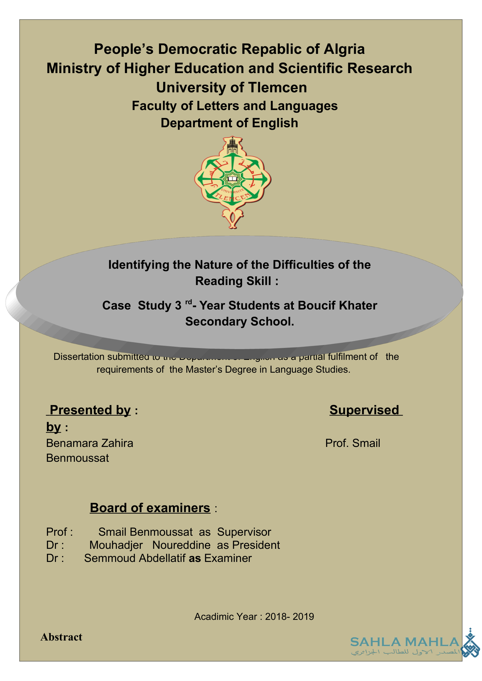 Identifying the Nature of the Difficulties of the Reading Skill: Case Study 3rd-Year Students at Boucif Khater Secondary School.