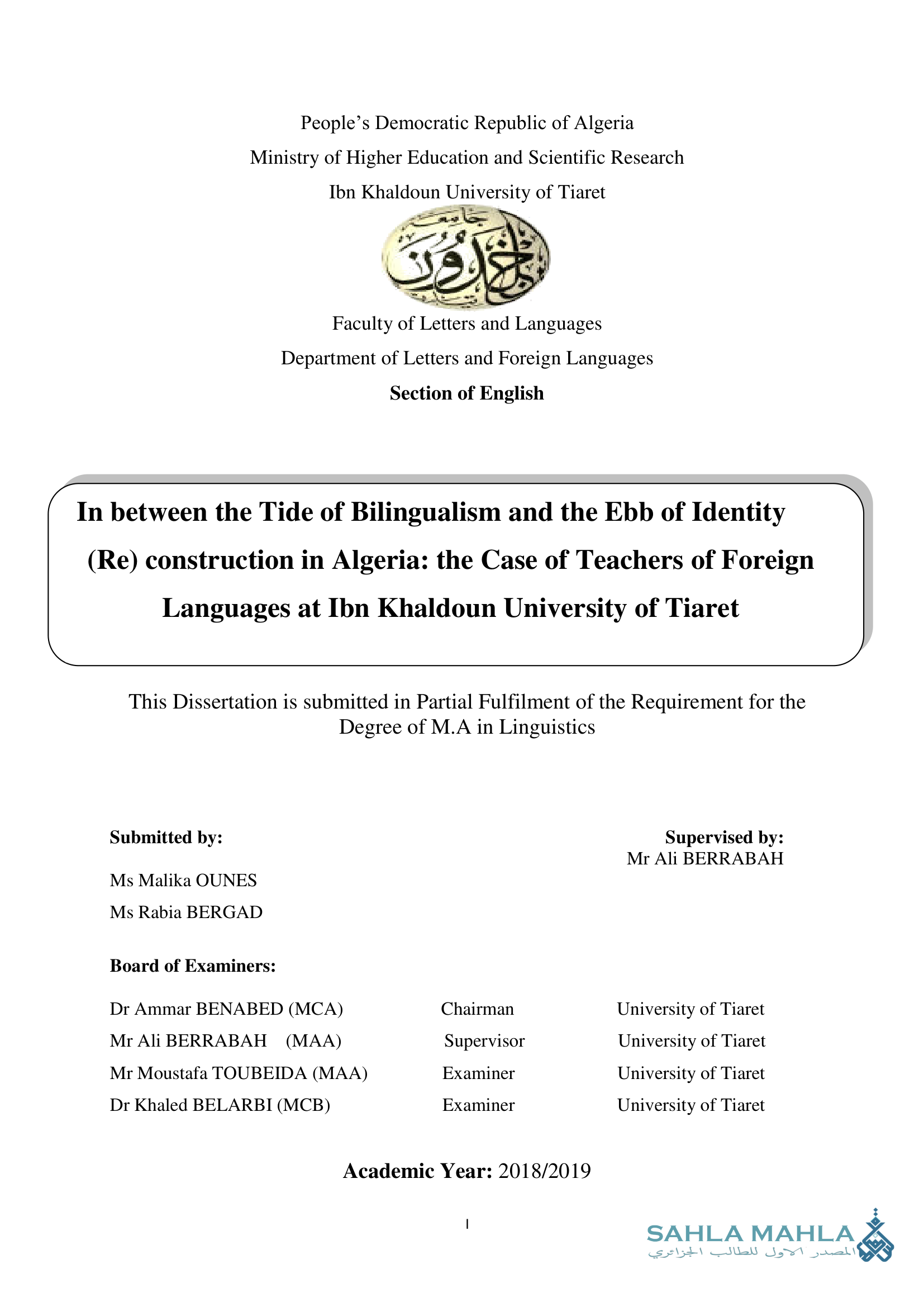 In between the Tide of Bilingualism and the Ebb of Identity (Re) construction in Algeria: the Case of Teachers of Foreign Languages at Ibn Khaldoun University of Tiaret