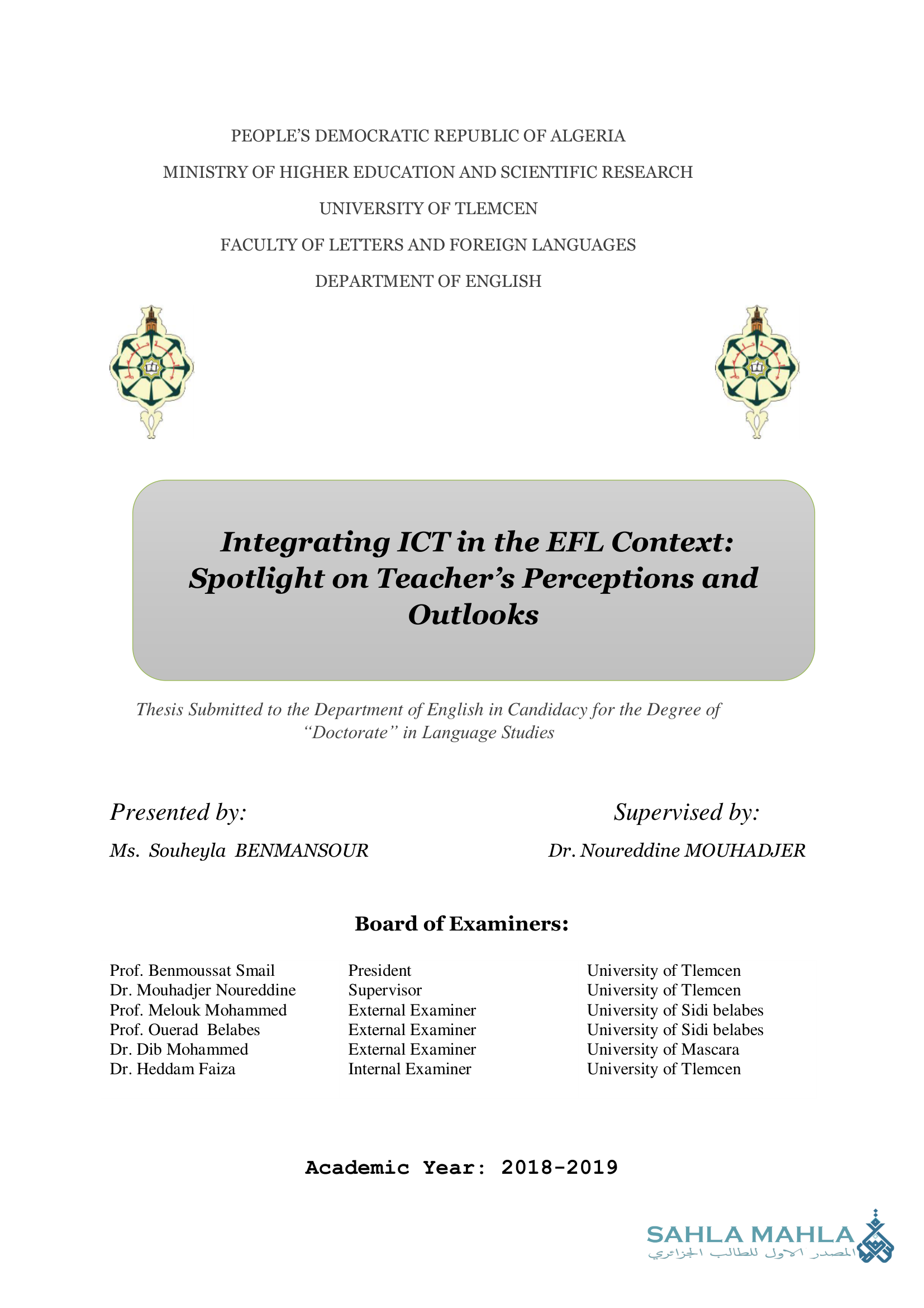 Integrating ICT in the EFL Context: Spotlight on Teacher's Perceptions and Outlooks