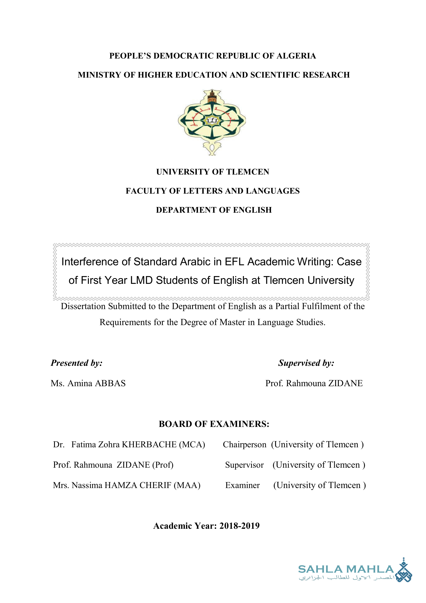 Interference of Standard Arabic in EFL Academic Writing: Case of First Year LMD Students of English at Tlemcen University