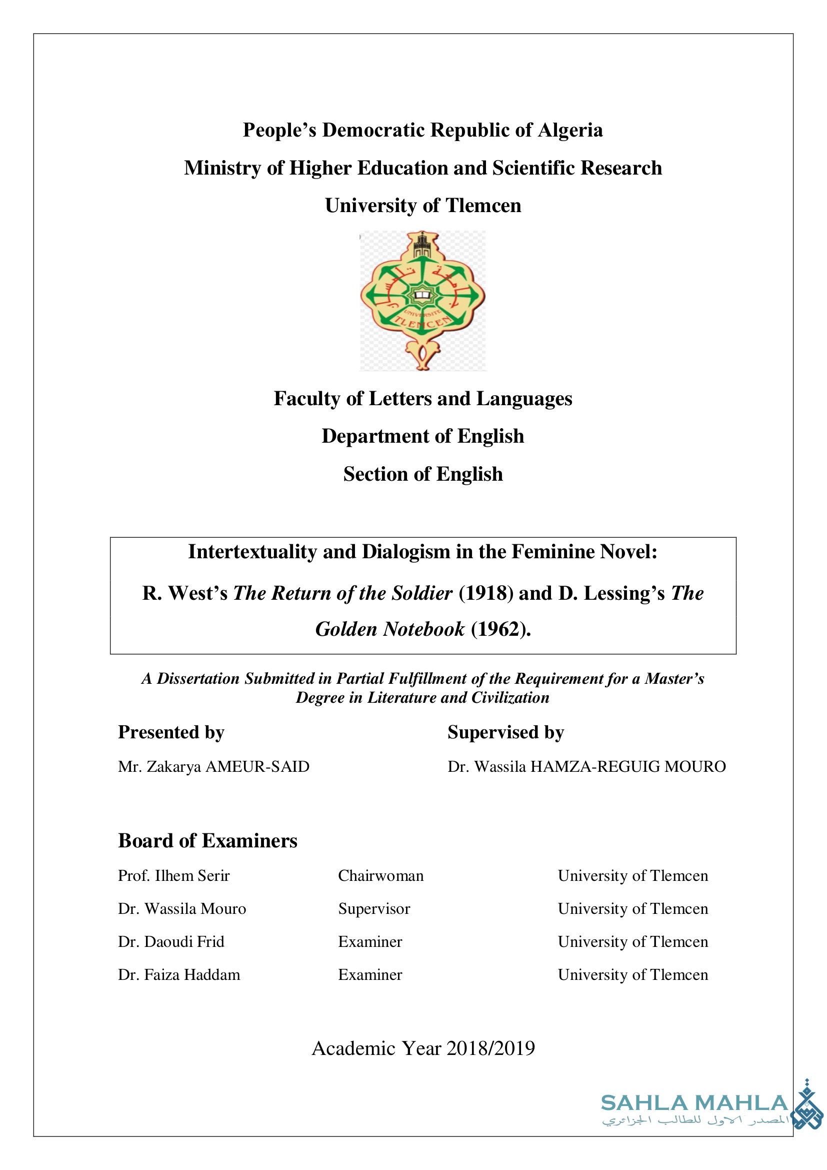 Intertextuality and Dialogism in the Feminine Novel: R. West's The Return of the Soldier (1918) and D. Lessing's The Golden Notebook (1962)