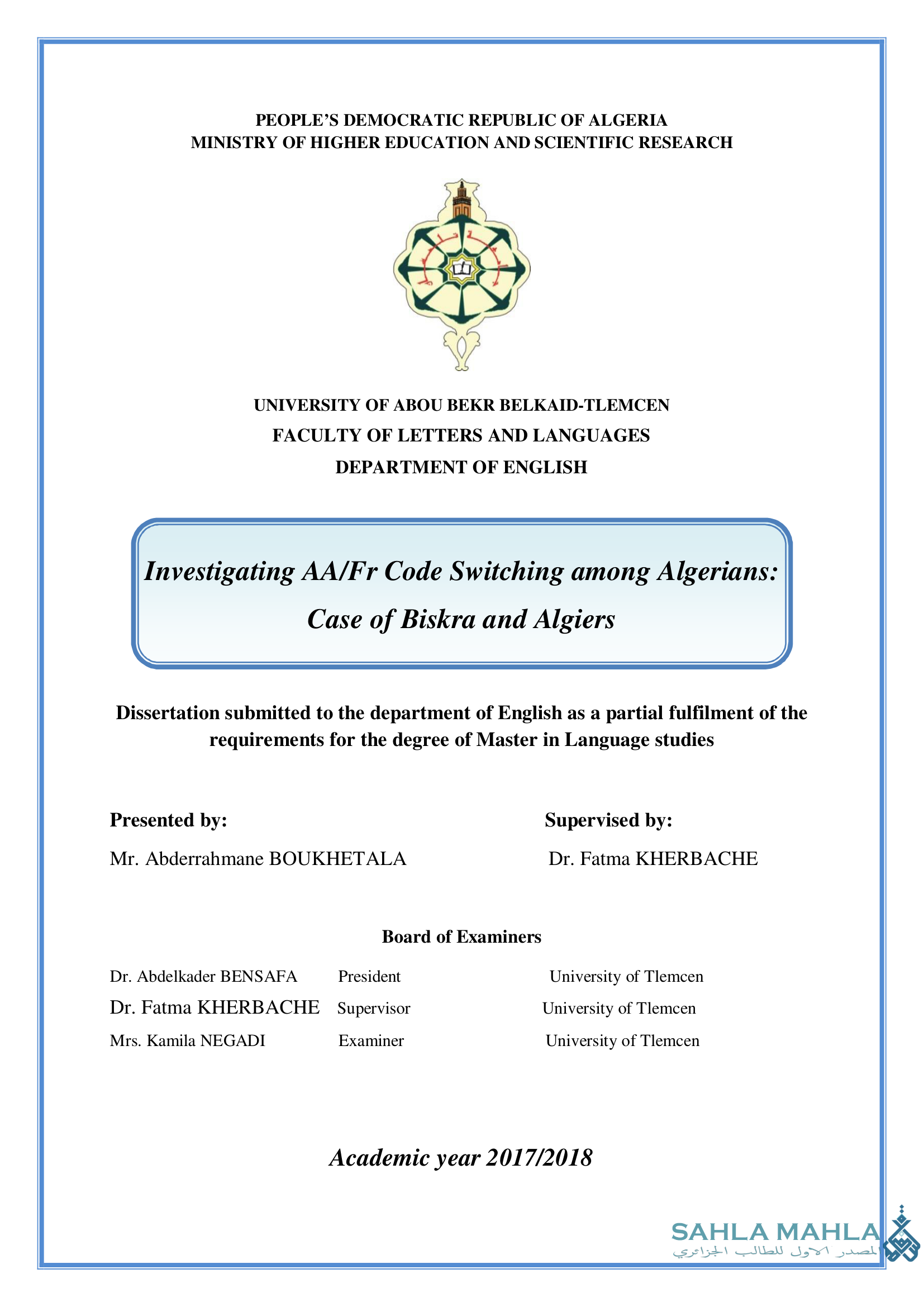 Investigating AA/Fr Code Switching among Algerians: Case of Biskra and Algiers