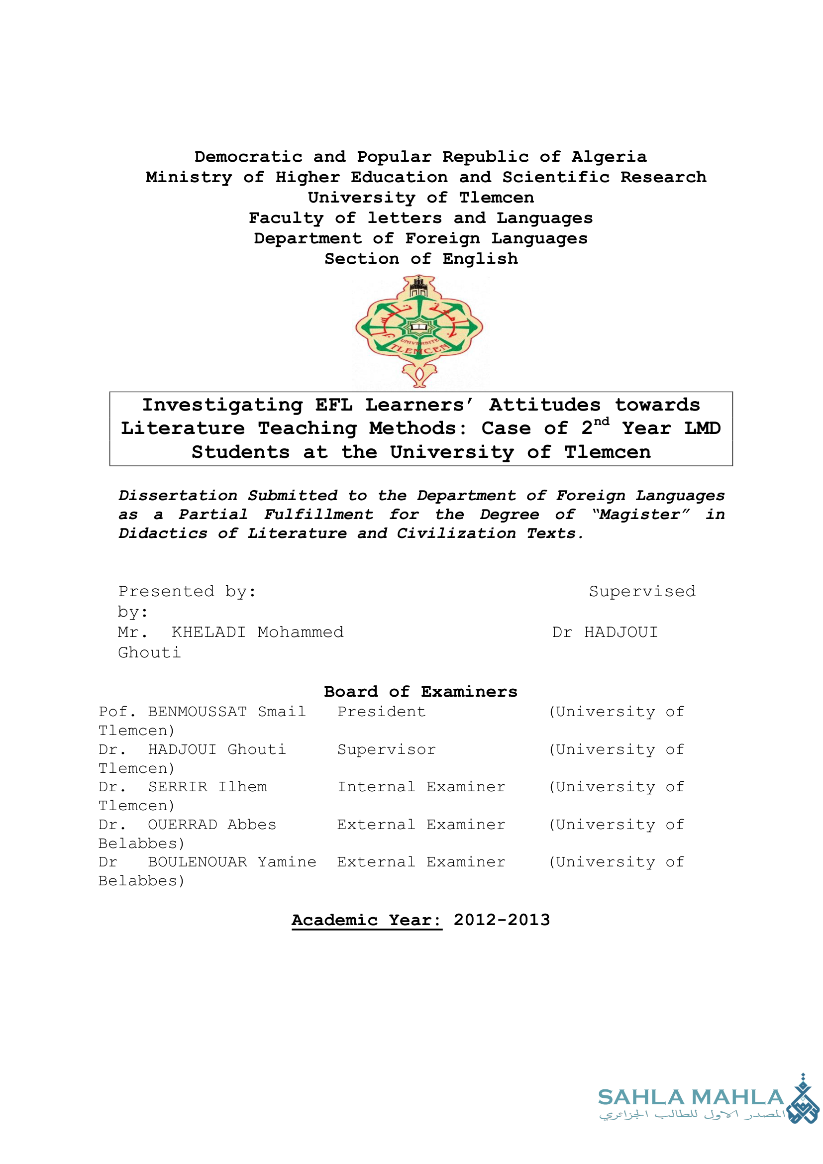 Investigating EFL Learners' Attitudes towards Literature Teaching Methods: Case of 2nd Year LMD Students at the University of Tlemcen