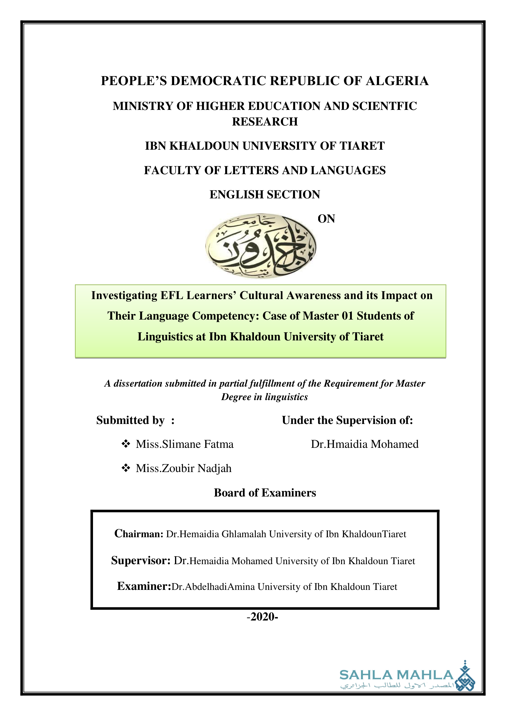 Investigating EFL Learners' Cultural Awareness and its Impact on Their Language Competency Case of Master 01 Students of Linguistics at Ibn Khaldoun University of Tiaret
