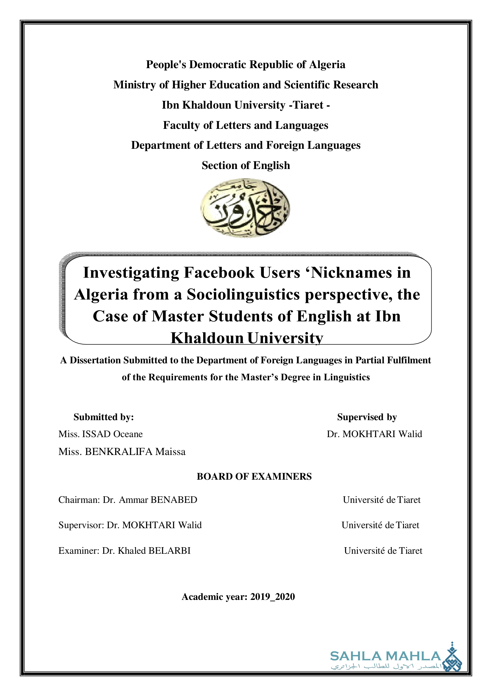 Investigating Facebook Users 'Nicknames in Algeria from a Sociolinguistics perspective, the Case of Master Students of English at Ibn Khaldoun University