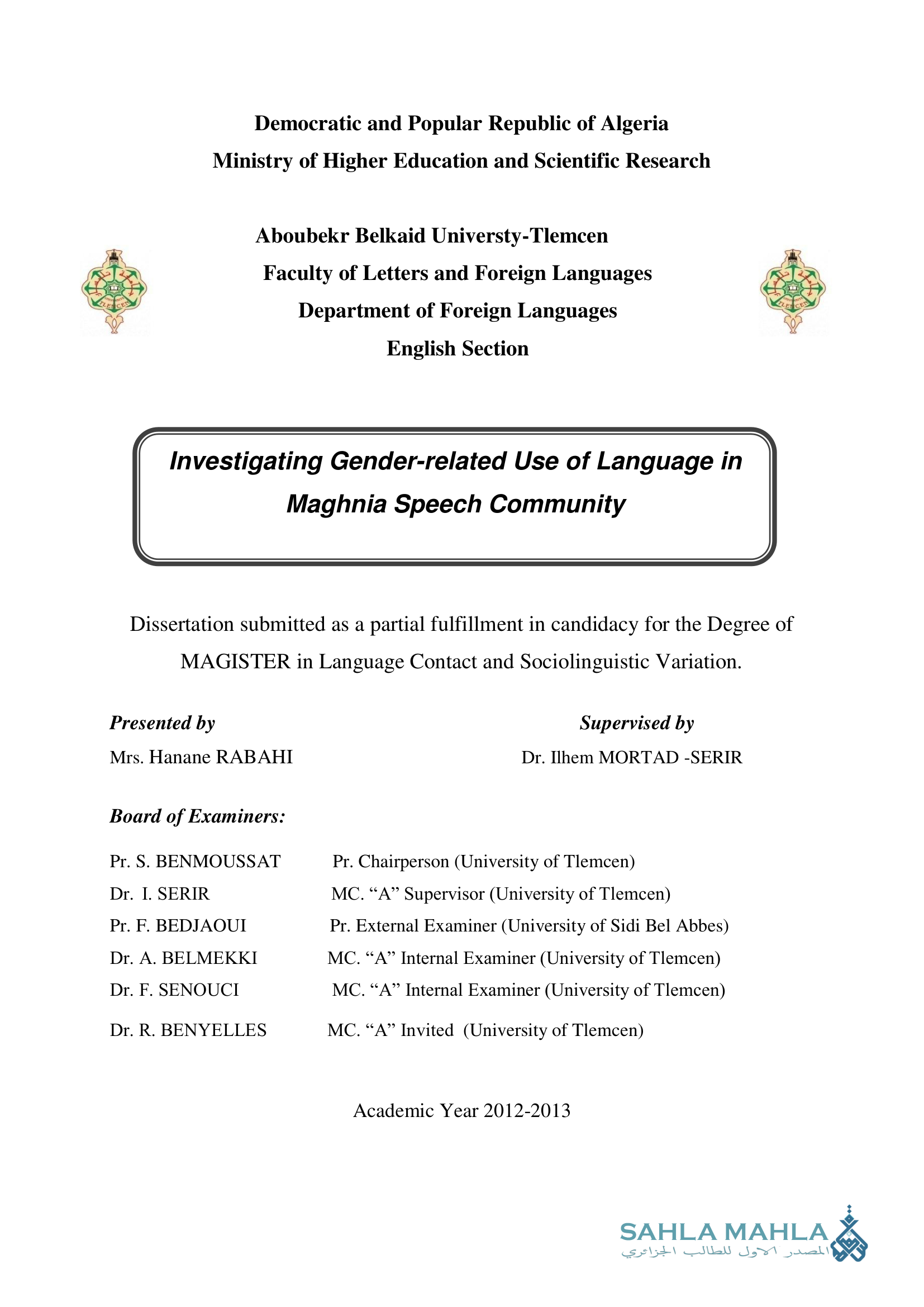 Investigating Gender-related Use of Language in Maghnia Speech Community