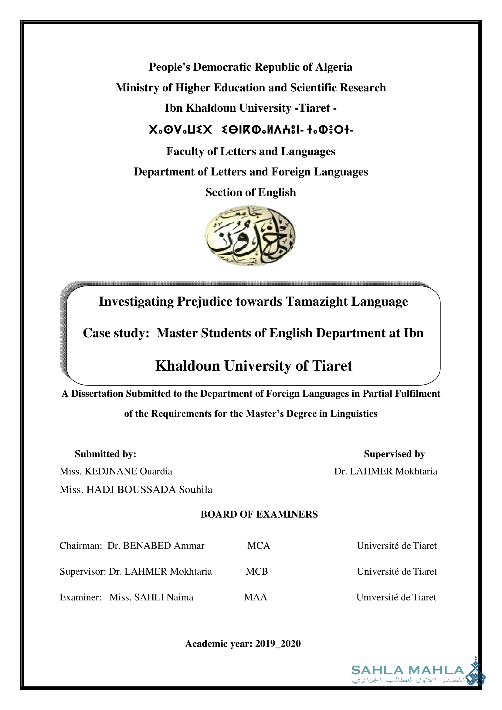 Investigating Prejudice towards Tamazight Language Case study: Master Students of English Department at Ibn Khaldoun University