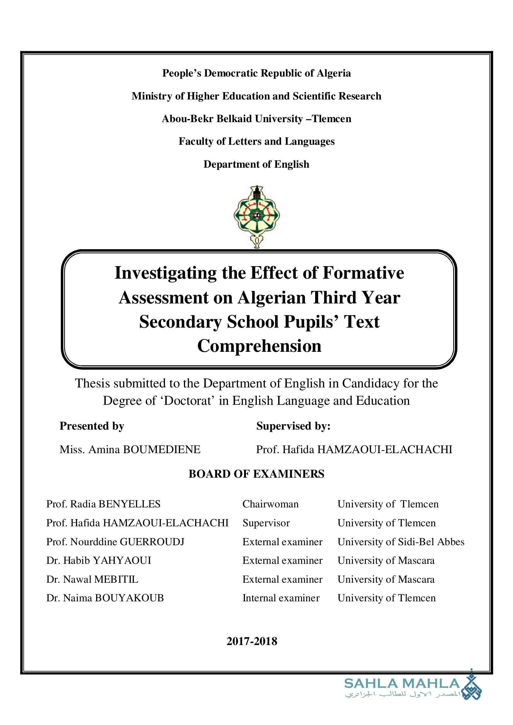 Investigating the Effect of Formative Assessment on Algerian Third Year Secondary School Pupils' Text Comprehension