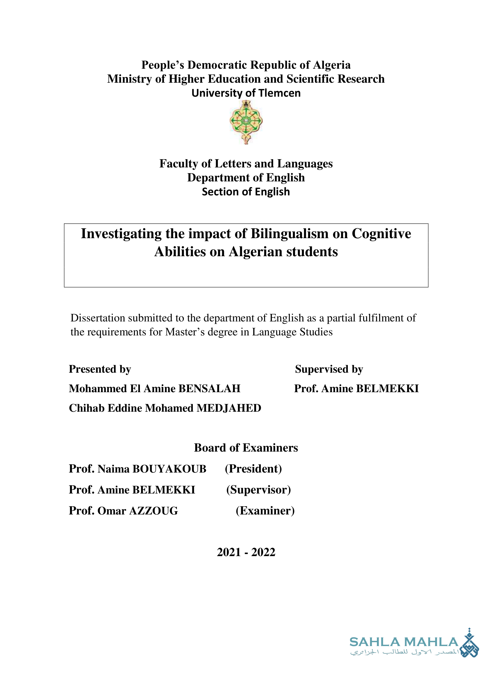 Investigating the impact of Bilingualism on Cognitive Abilities on Algerian students