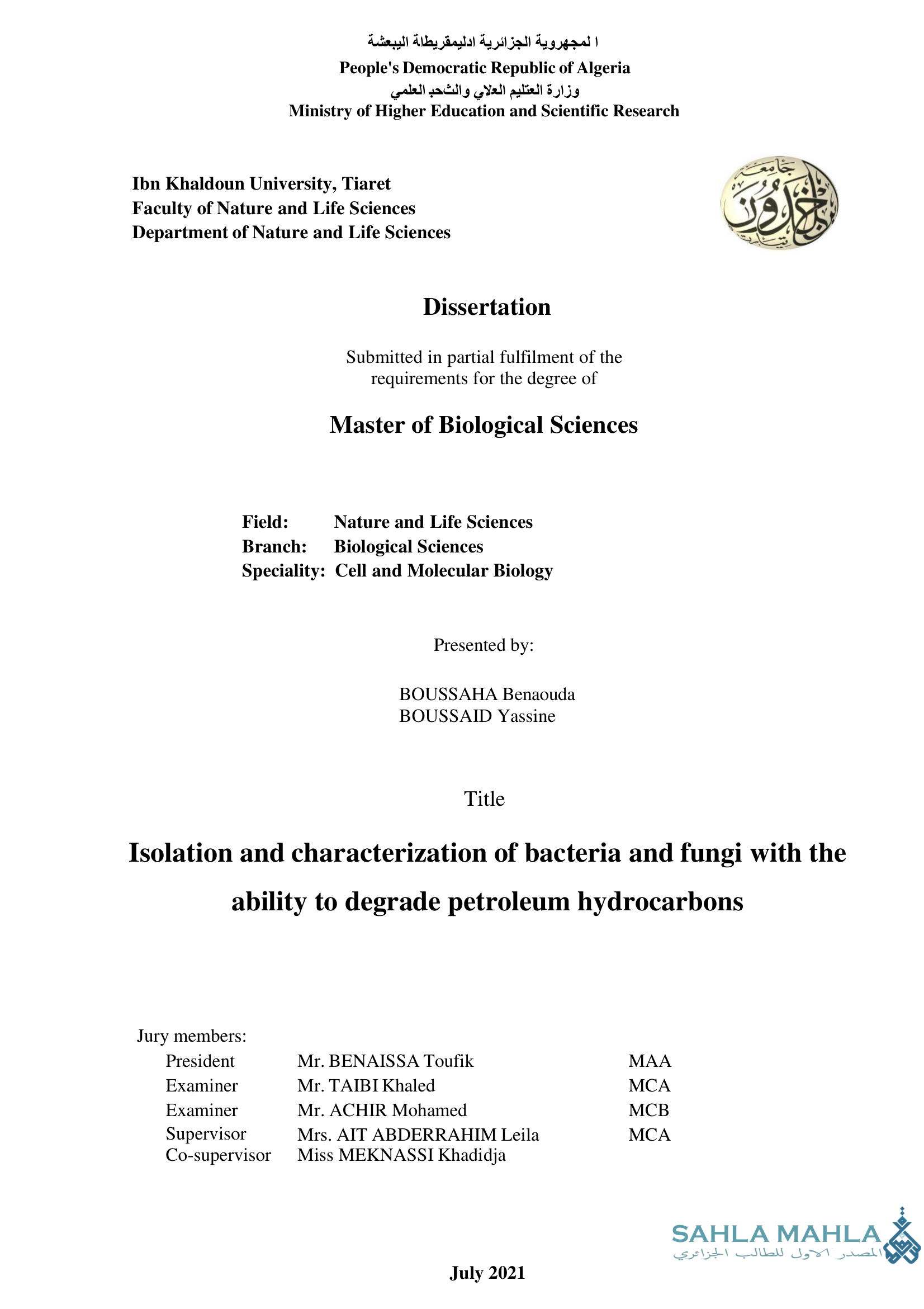 Isolation and characterization of bacteria and fungi with the ability to degrade petroleum hydrocarbons
