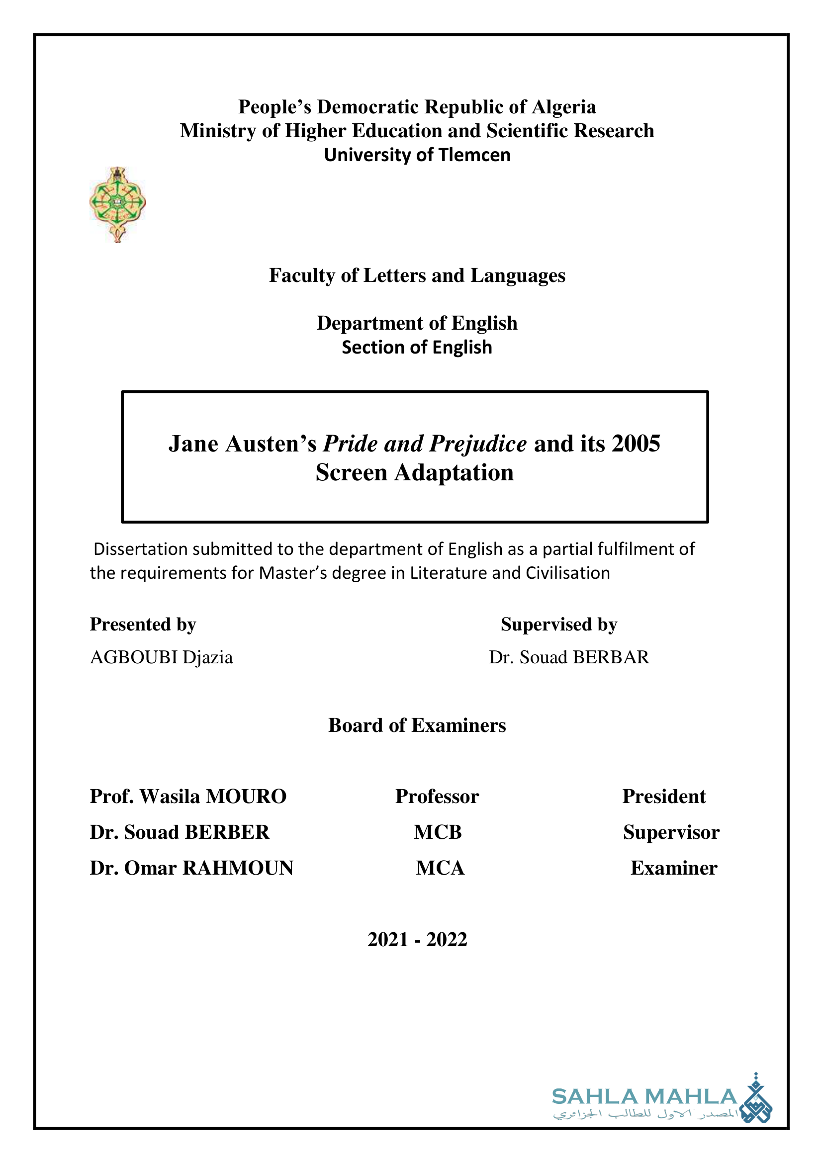 Jane Austen's Pride and Prejudice and its 2005 Screen Adaptation