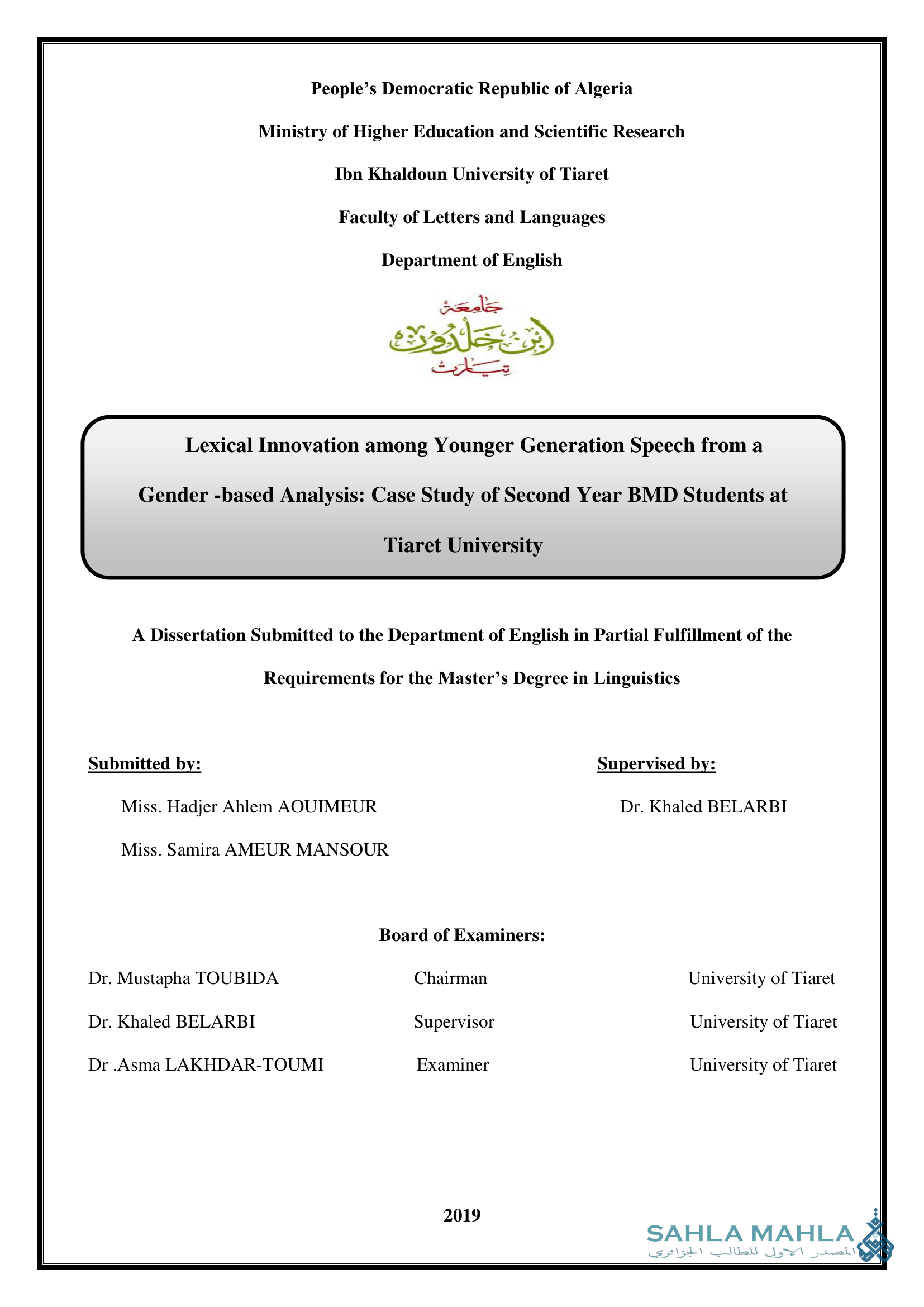 Lexical Innovation among Younger Generation Speech from a Gender -based Analysis: Case Study of Second Year BMD Students at Tiaret University