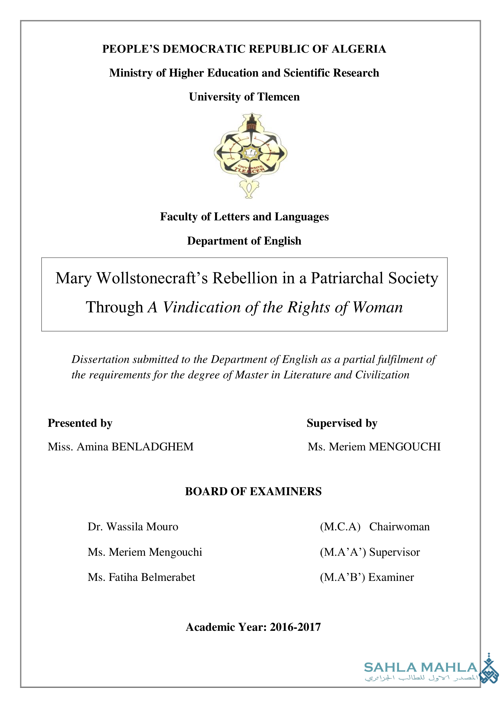 Mary Wollstonecraft's Rebellion in a Patriarchal Society Through A Vindication of the Rights of Woman