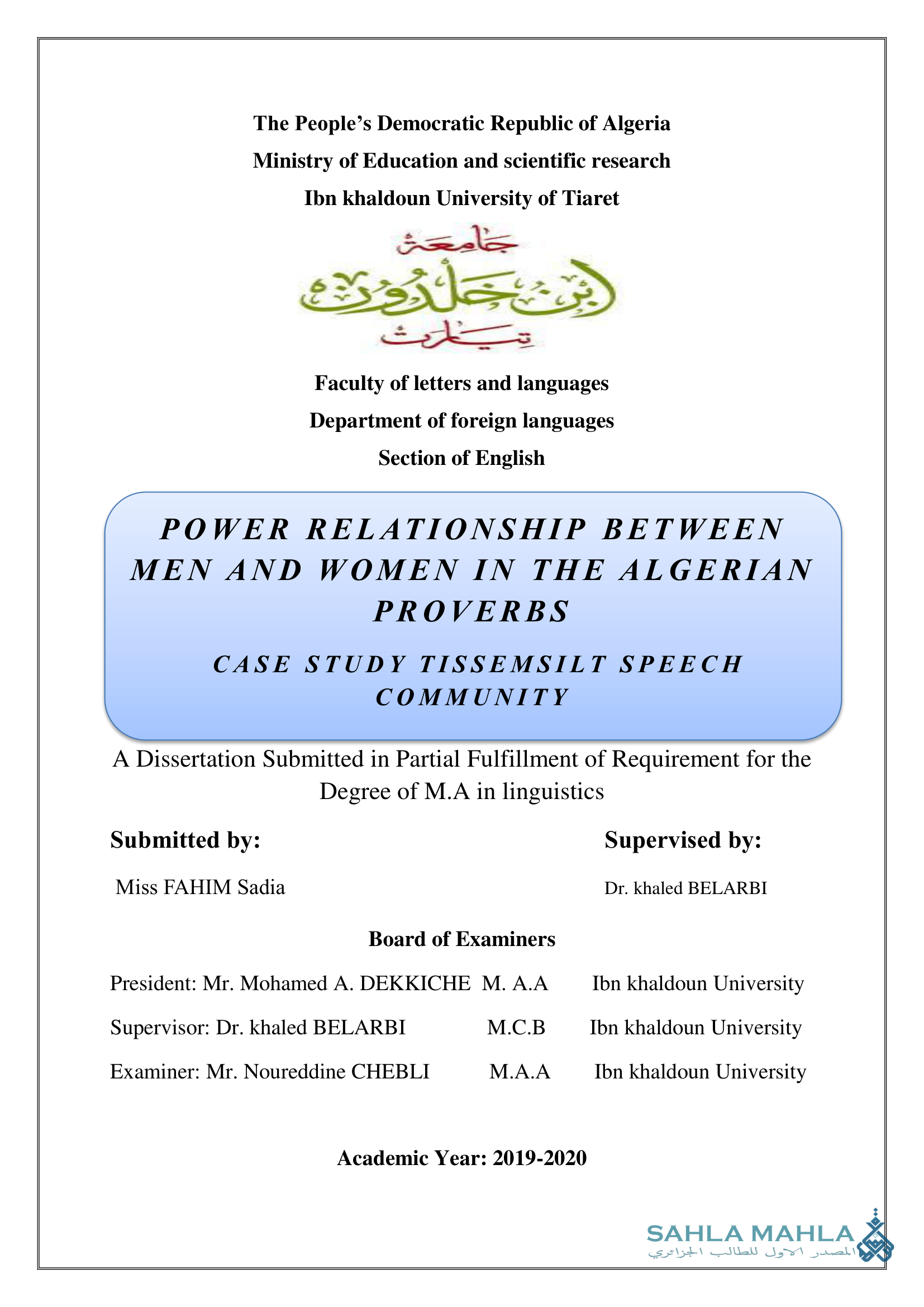 POWER RELATIONSHIP BETWEEN MEN AND WOMEN IN THE ALGERIAN PROVERBS CASE STUDY TISSEMSILT SPEECH COMMUNITY