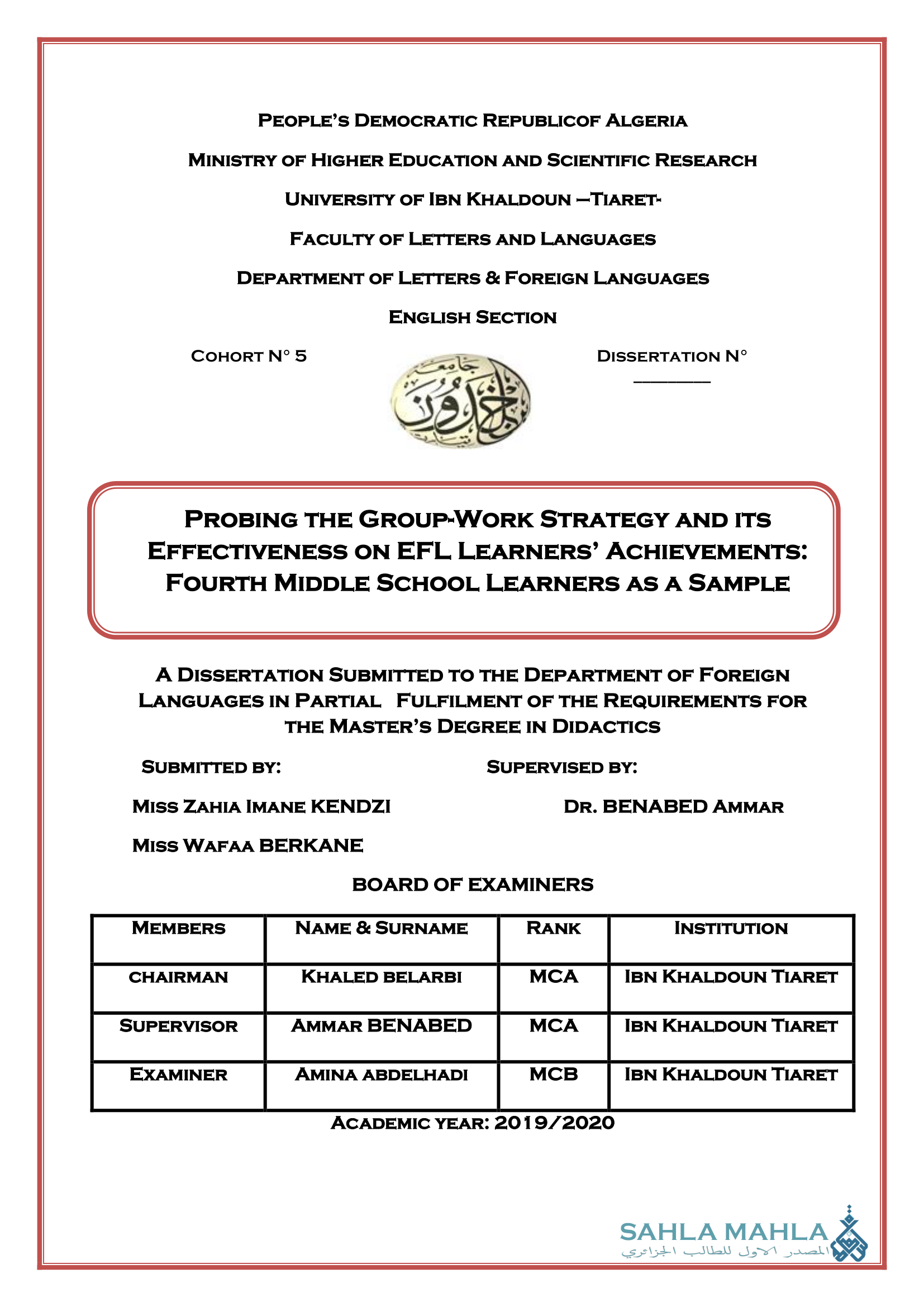 PROBING THE GROUP-WORK STRATEGY AND ITS EFFECTIVENESS ON EFL LEARNERS' ACHIEVEMENTS: FOURTH MIDDLE SCHOOL LEARNERS AS A SAMPLE