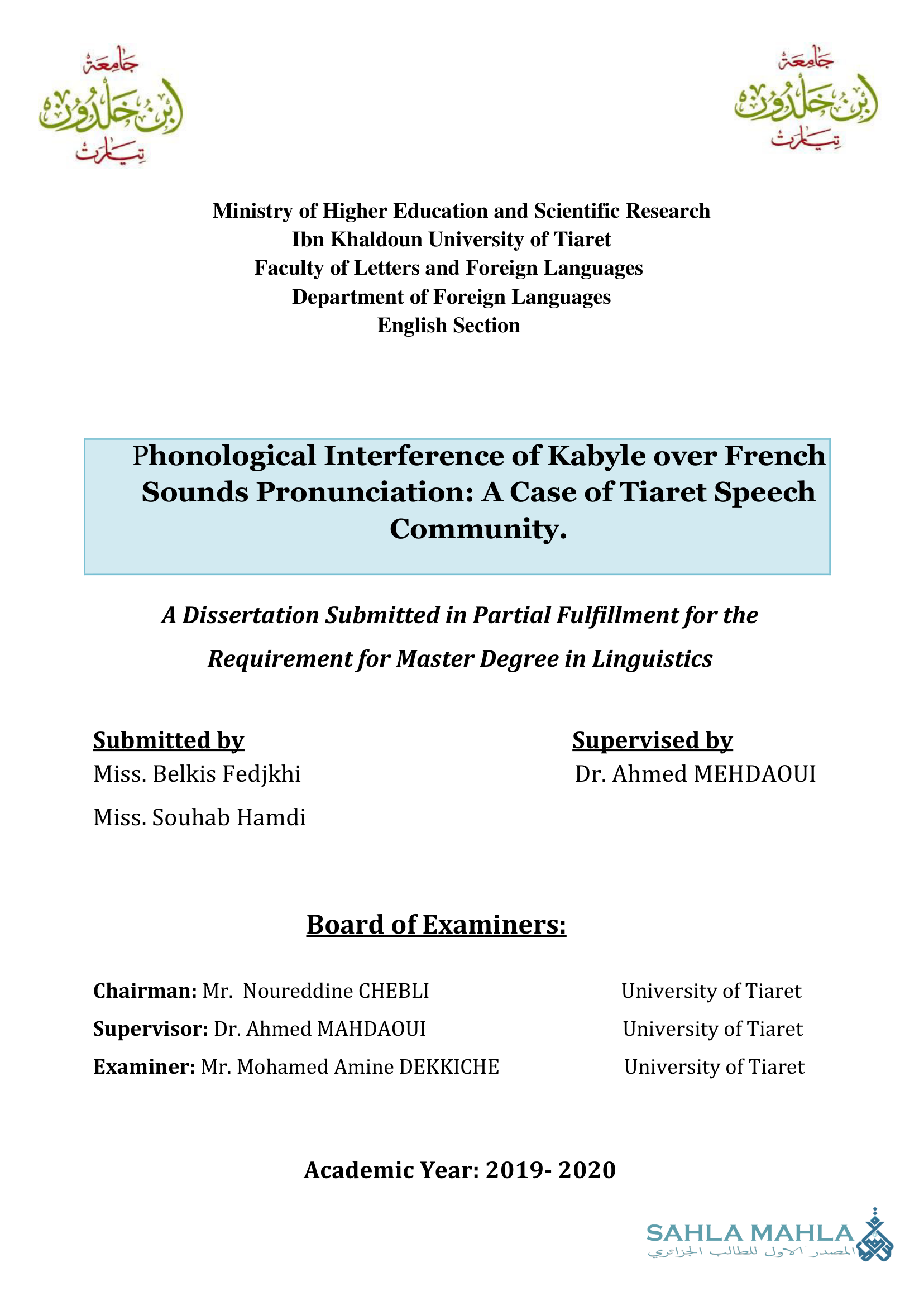 Phonological Interference of Kabyle over French Sounds Pronunciation: A Case of Tiaret Speech Community.