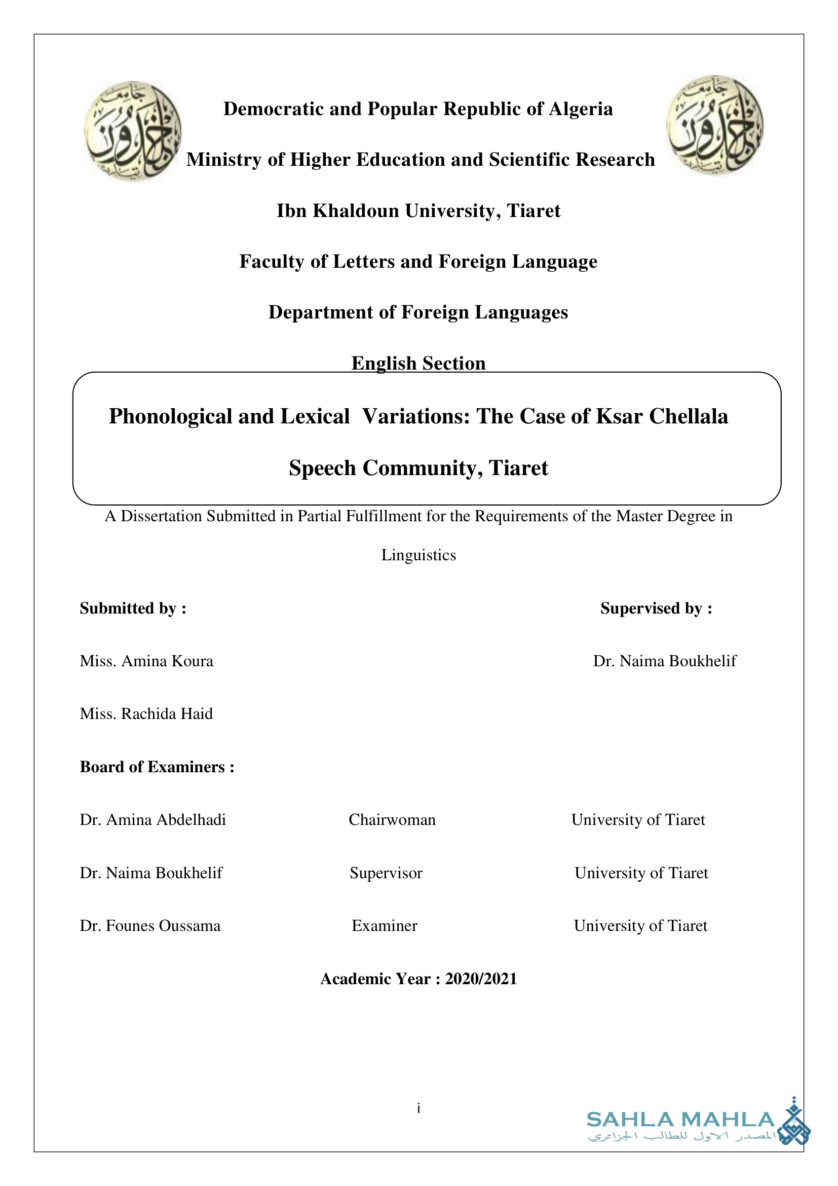 Phonological and Lexical Variations: The Case of Ksar Chellala Speech Community, Tiaret