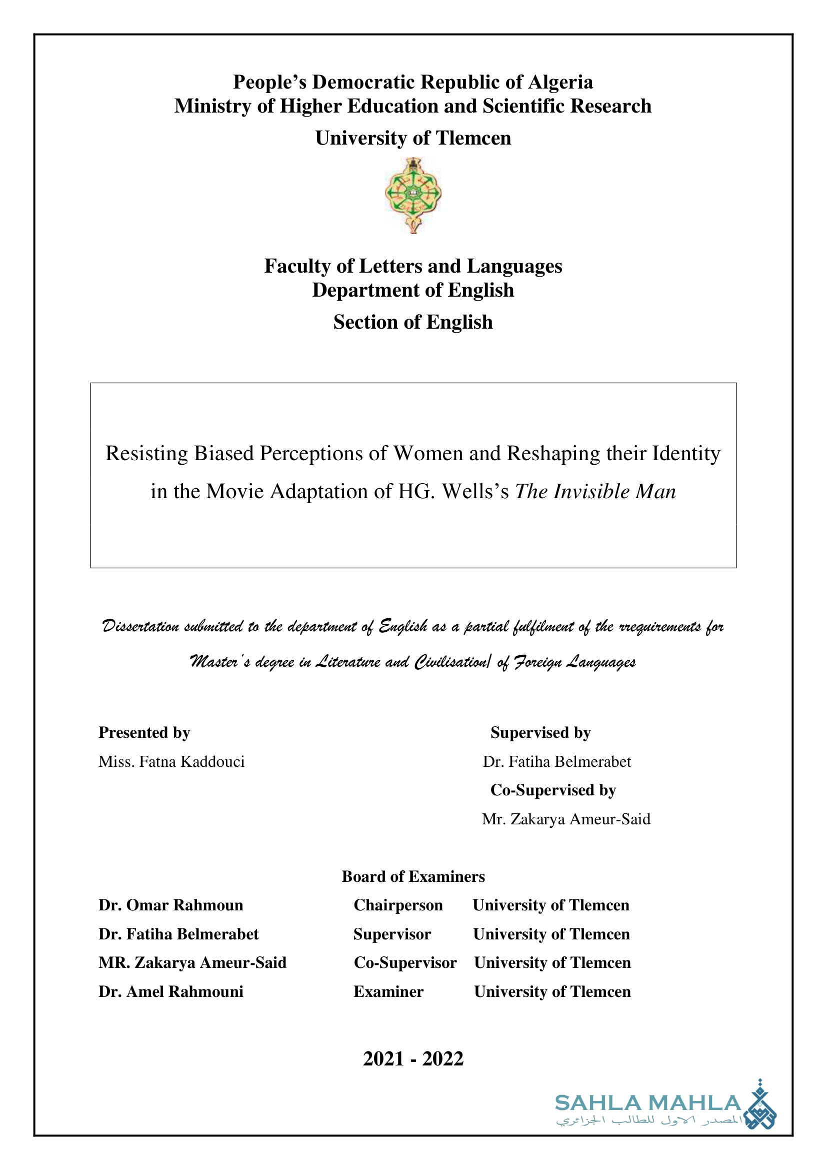 Resisting Biased Perceptions of Women and Reshaping their Identity in the Movie Adaptation of HG. Wells's The Invisible Man