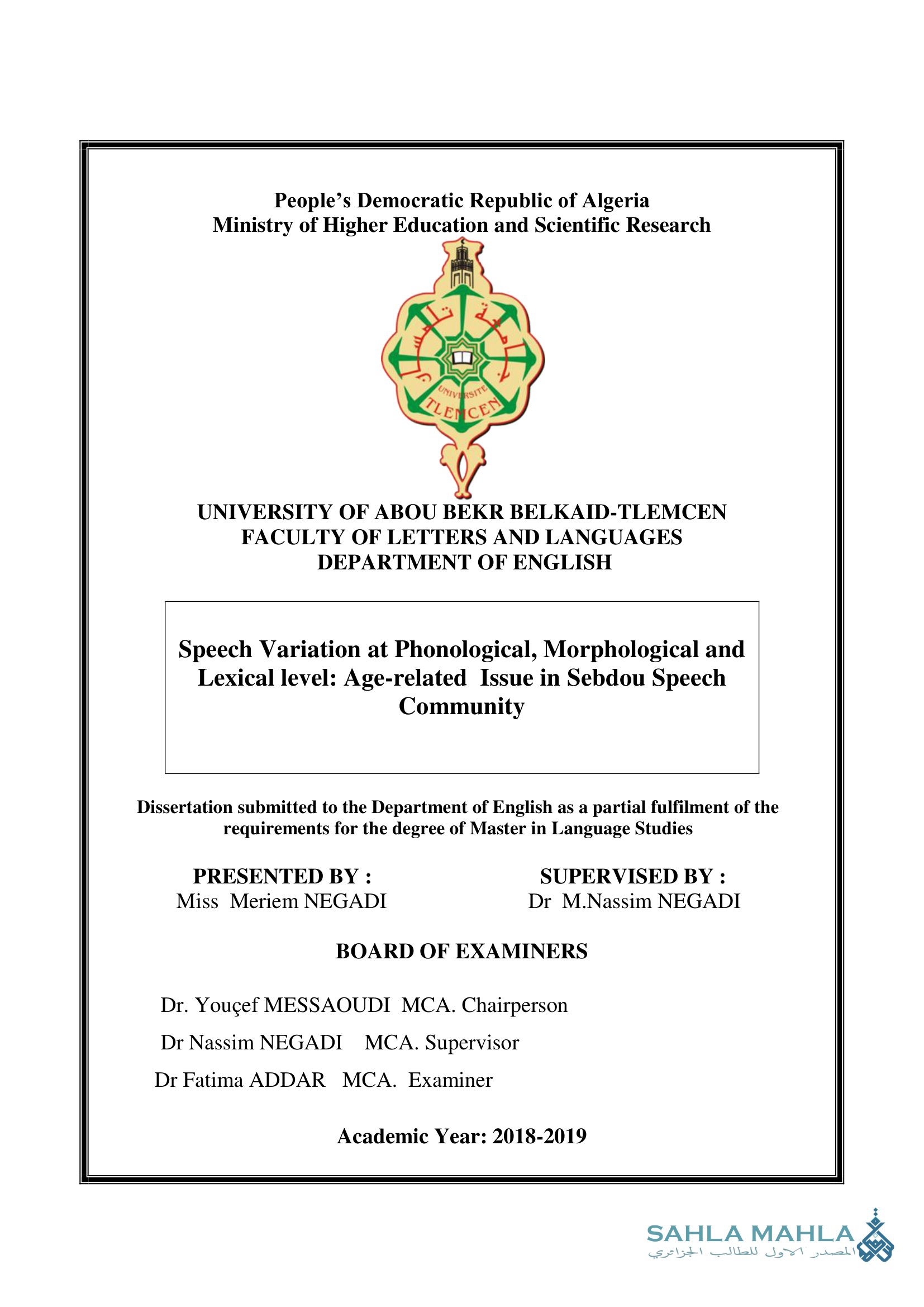 Speech Variation at Phonological, Morphological and Lexical level: Age-related Issue in Sebdou Speech Community
