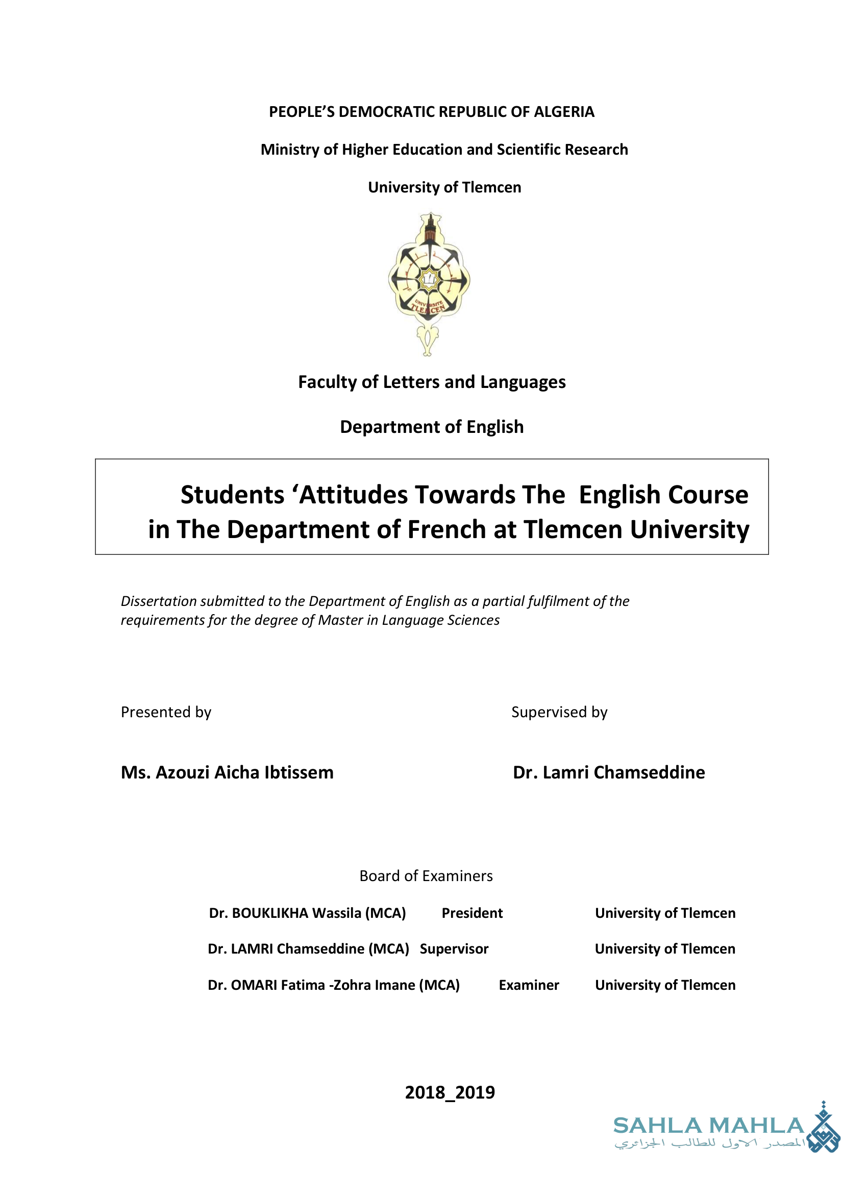 Students’ Attitudes Towards The English Course in The Department of French at Tlemcen University