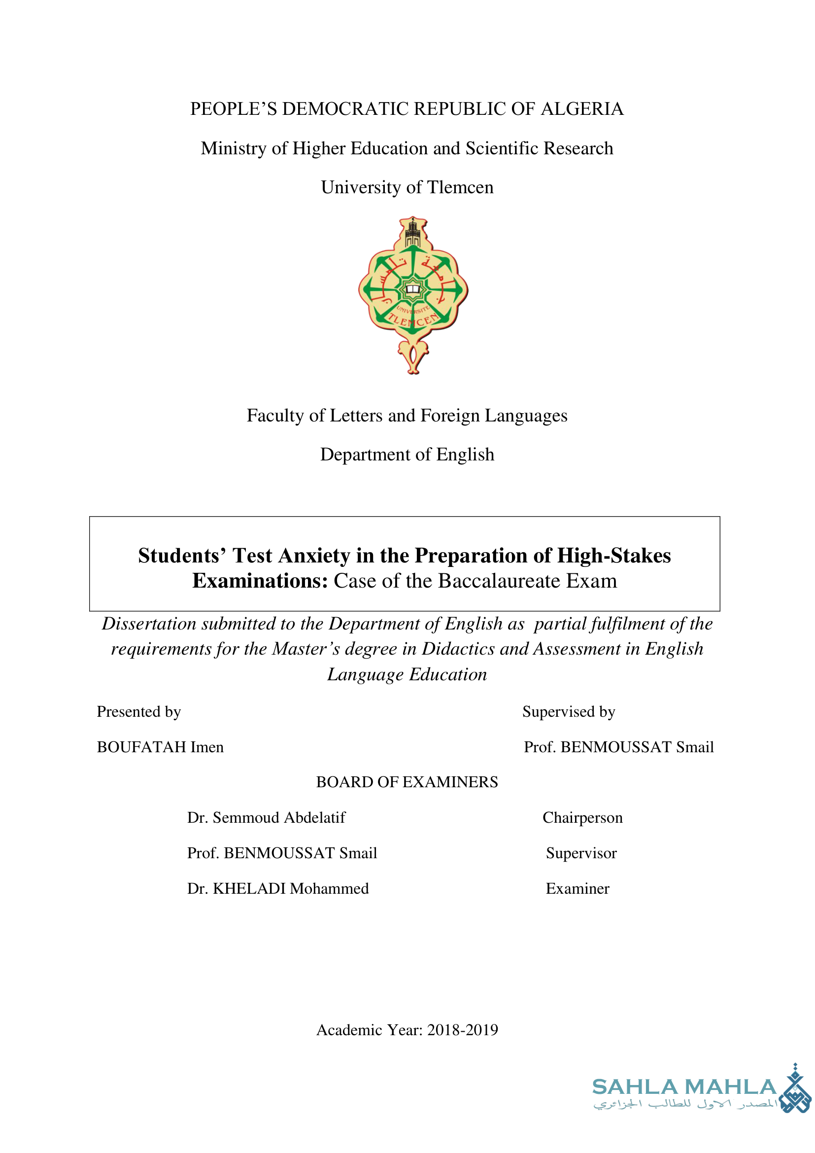 Students' Test Anxiety in the Preparation of High-Stakes Examinations: Case of the Baccalaureate Exam