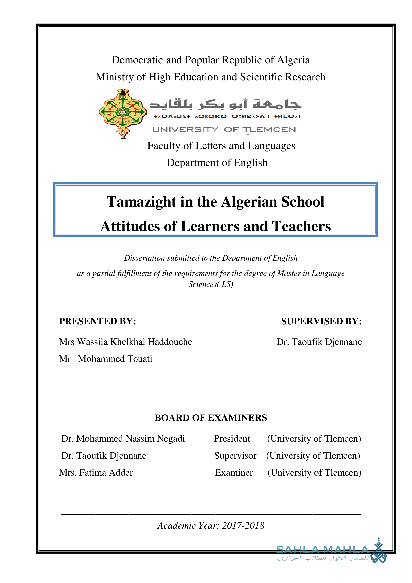 Tamazight in the Algerian School: Attitudes of Learners and Teachers