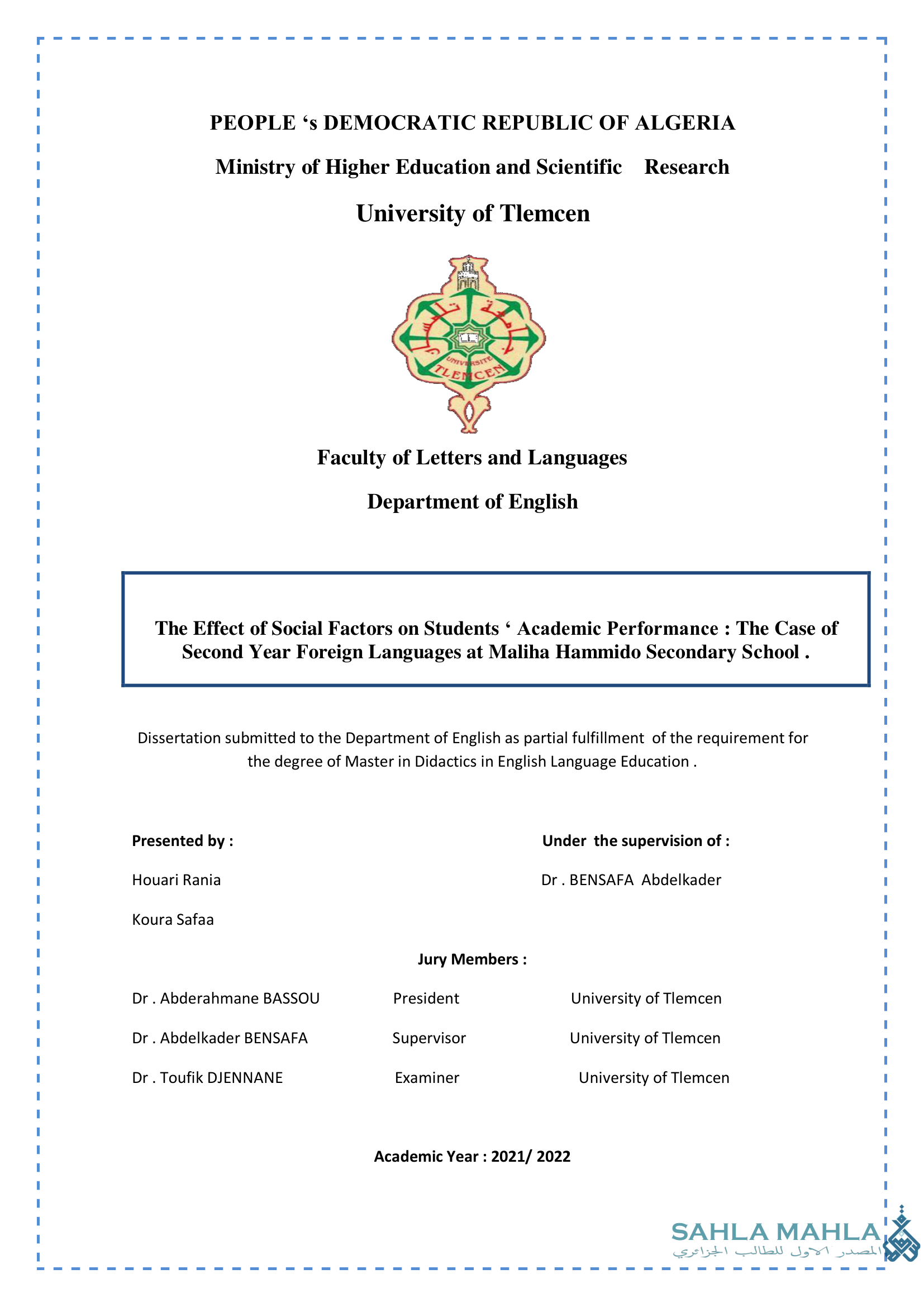 The Effect of Social Factors on Students Academic Performance: The Case of Second Year Foreign Languages at Maliha Hammido Secondary School