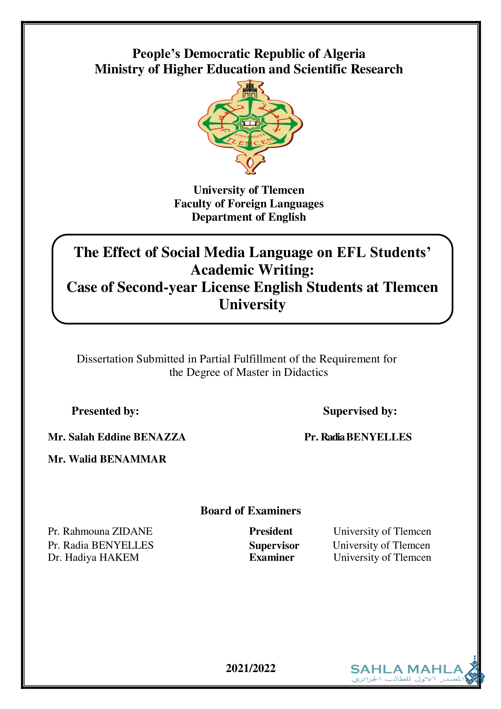 The Effect of Social Media Language on EFL Students' Academic Writing: Case of Second-year License English Students at Tlemcen University