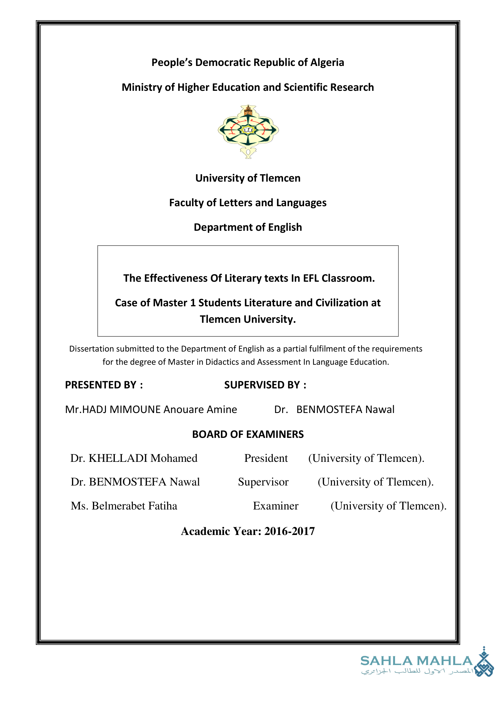The Effectiveness Of Literary texts In EFL Classroom - Case of Master 1 Students Literature and Civilization at Tlemcen University.