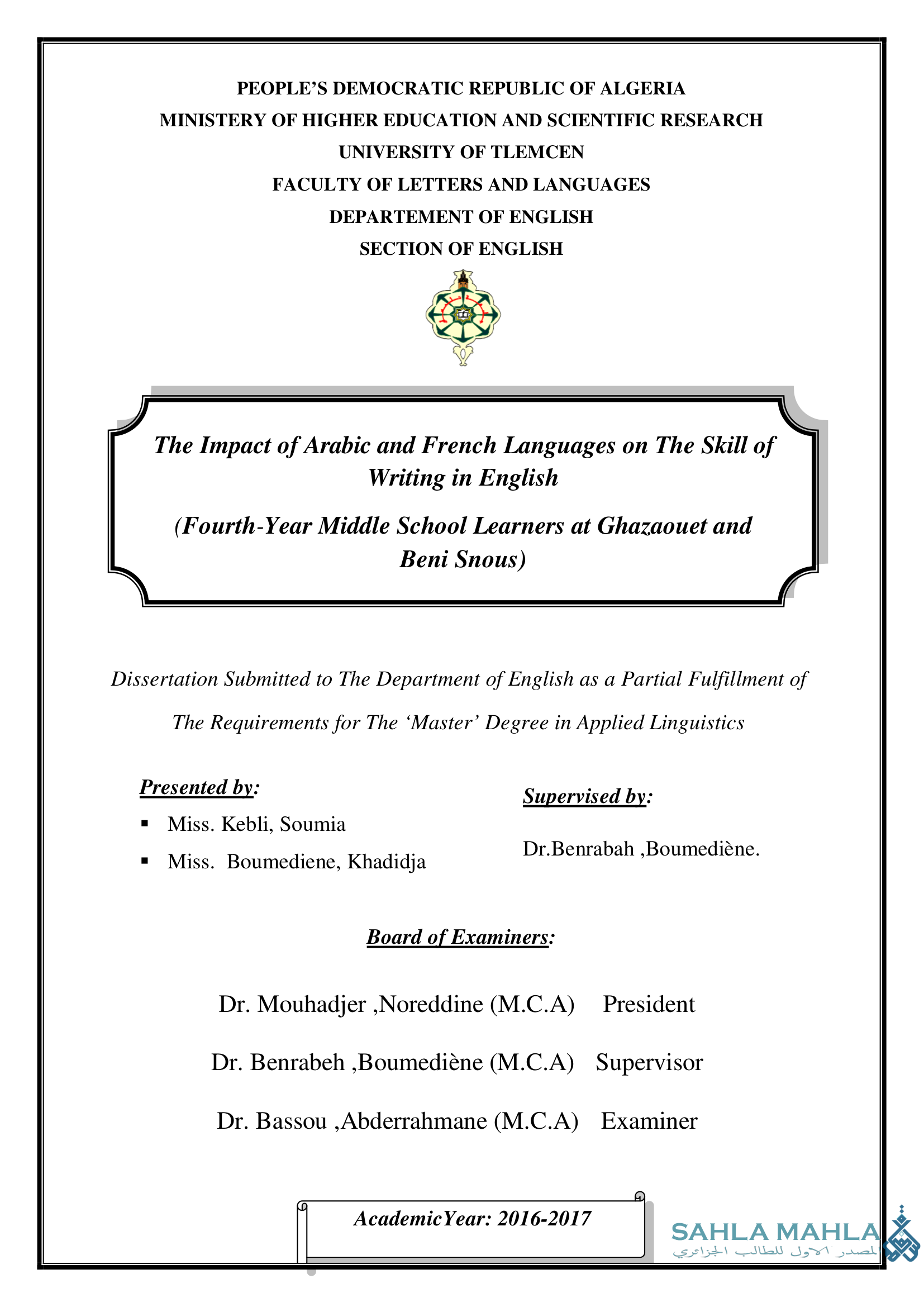 The Impact of Arabic and French Languages on The Skill of Writing in English (Fourth-Year Middle School Learners at Ghazaouet and Beni Snous)