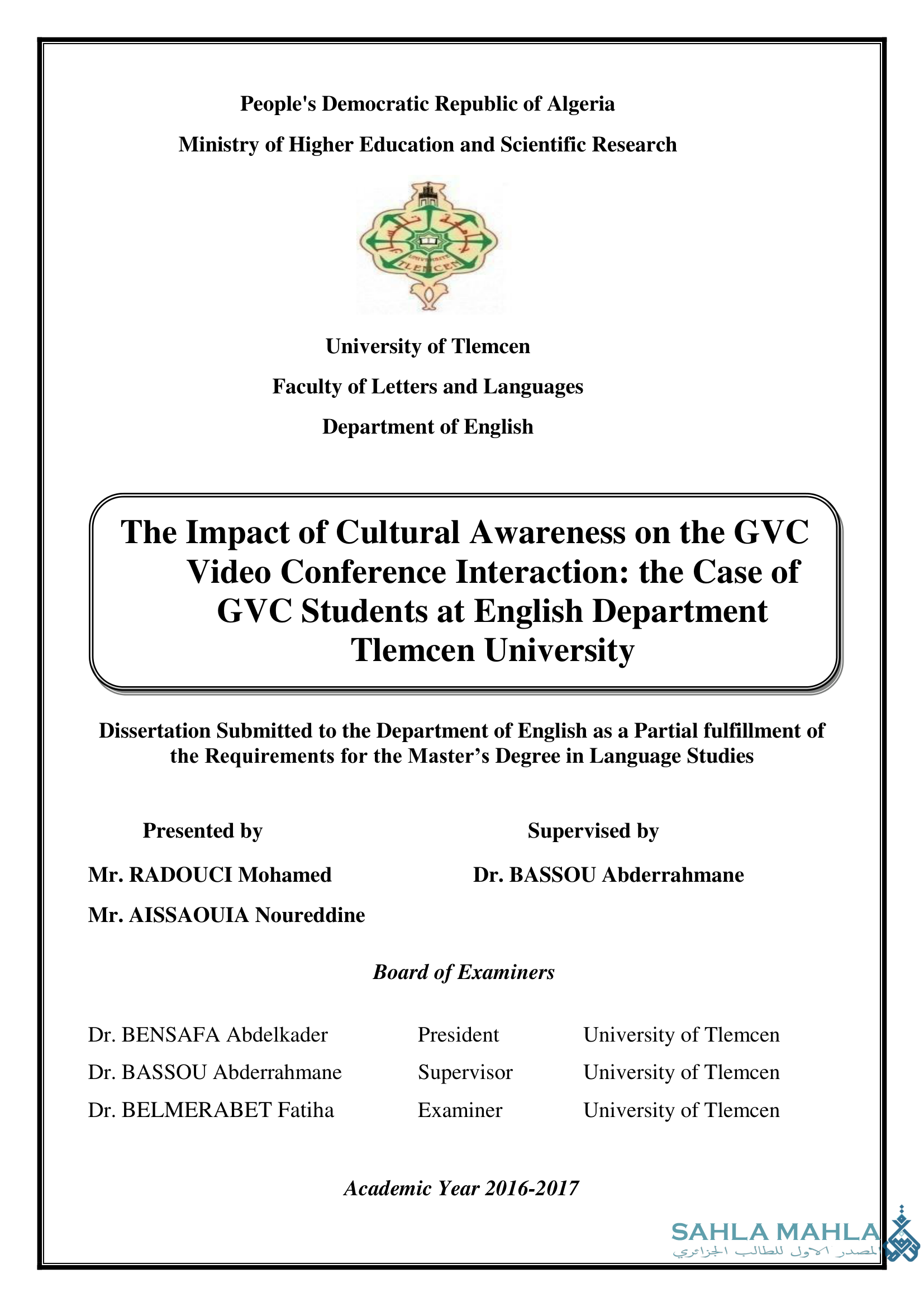 The Impact of Cultural Awareness on the GVC Video Conference Interaction: the Case of GVC Students at English Department Tlemcen University