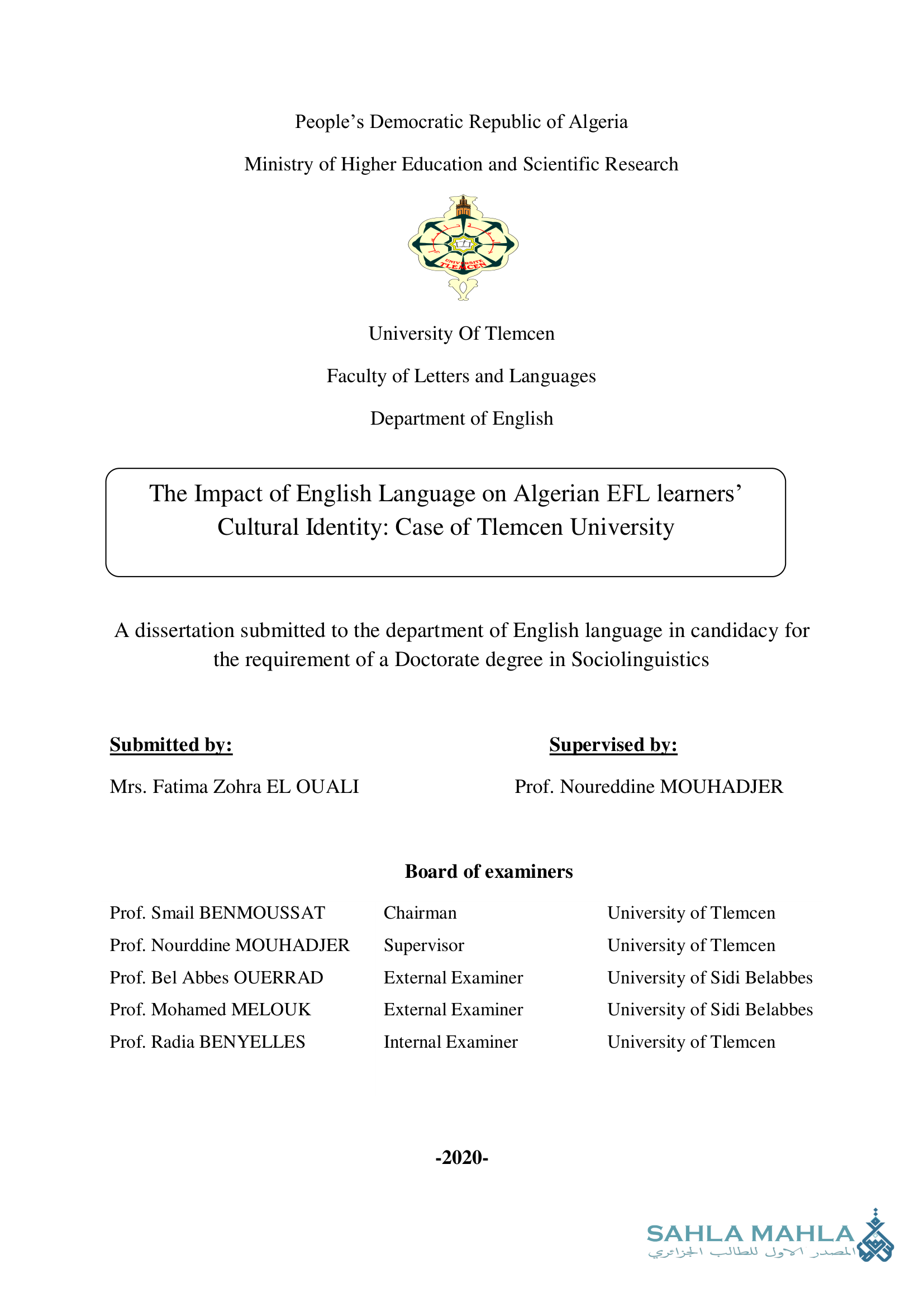 The Impact of English Language on Algerian EFL learners' Cultural Identity: Case of Tlemcen University