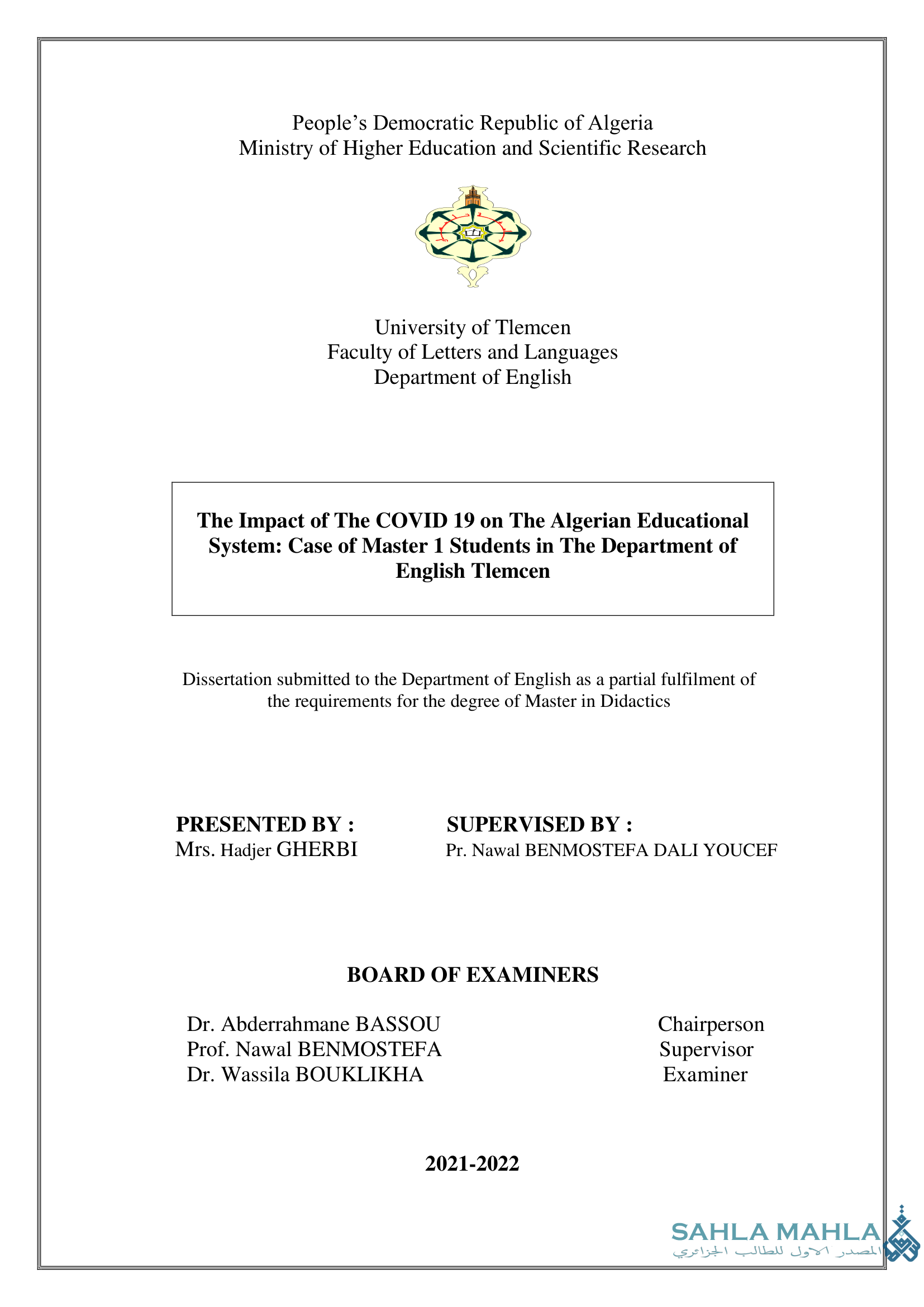 The Impact of The COVID 19 on The Algerian Educational System: Case of Master 1 Students in The Department of English Tlemcen