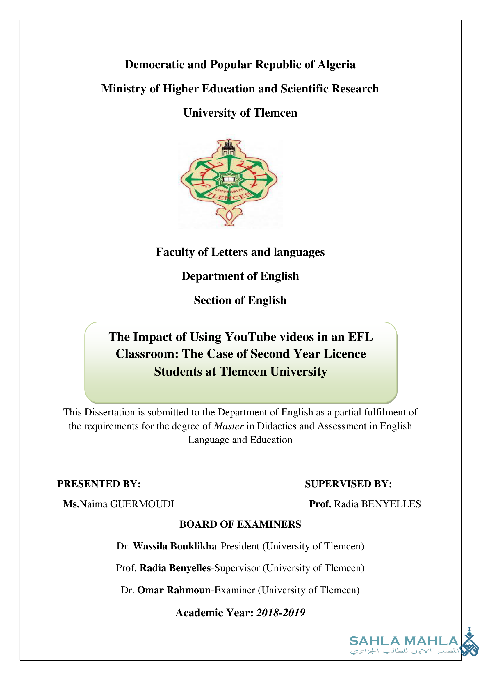 The Impact of Using YouTube videos in an EFL Classroom: The Case of Second Year Licence Students at Tlemcen University