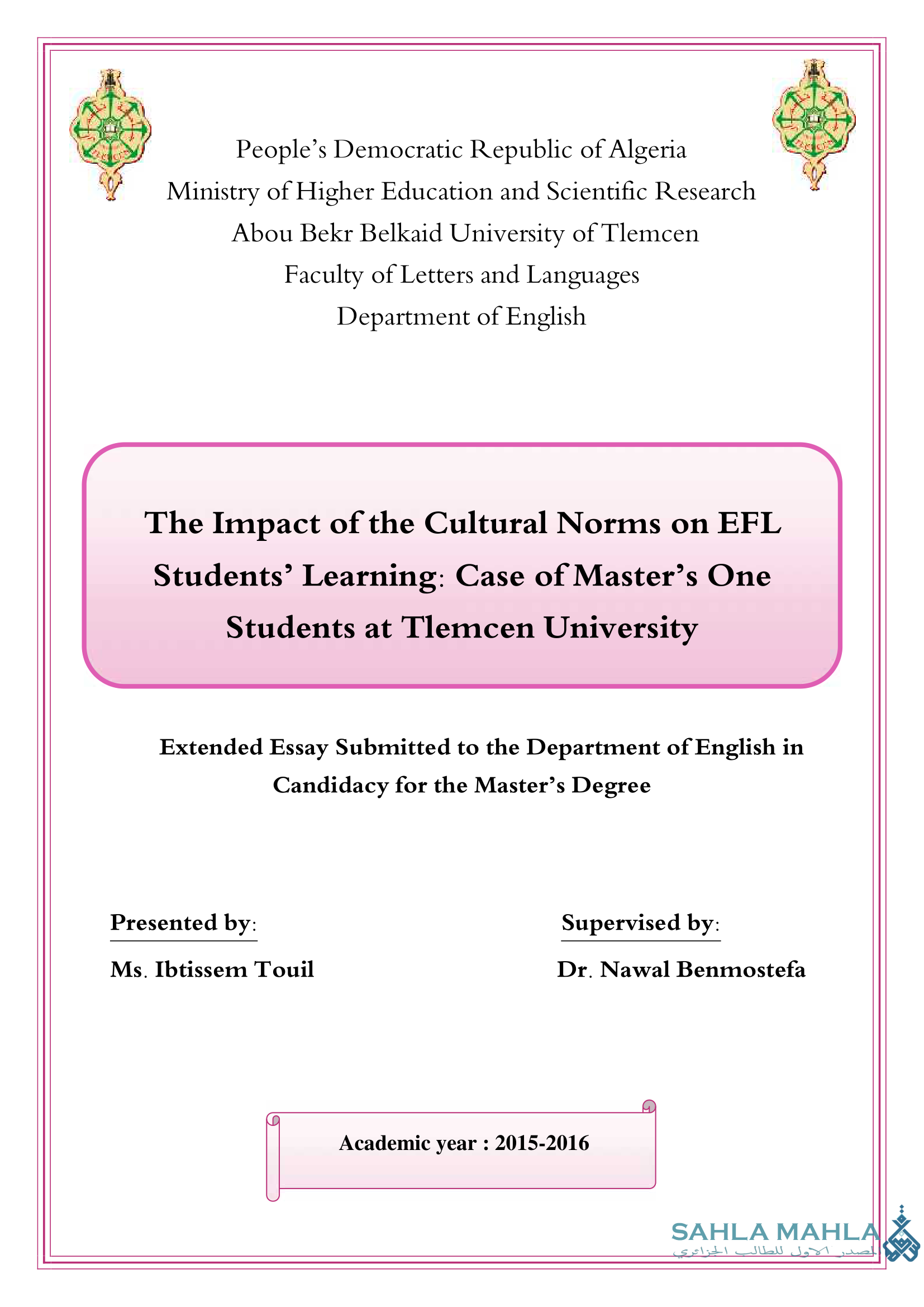 The Impact of the Cultural Norms on EFL Students' Learning Case of Master’s One Students at Tlemcen University