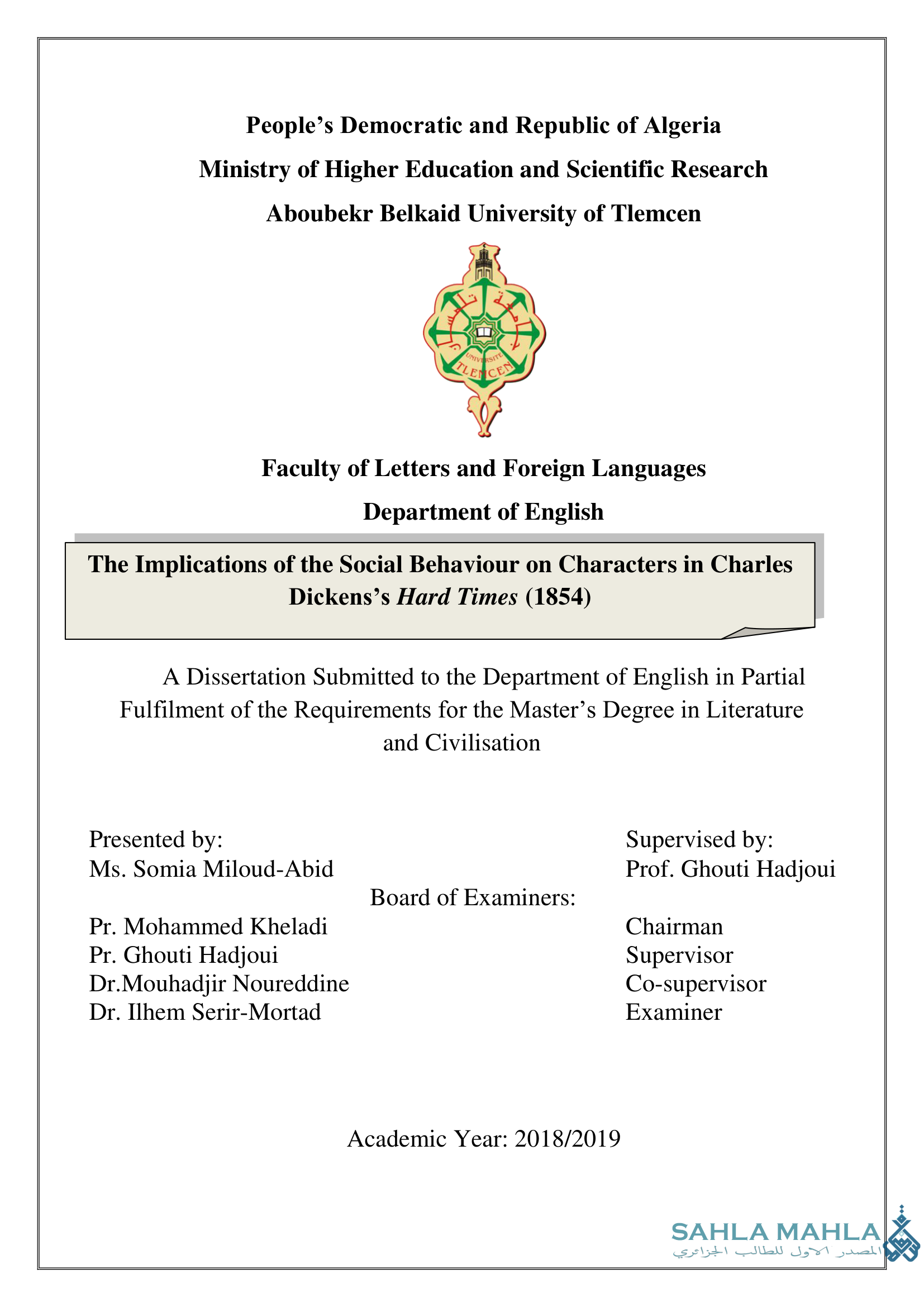 The Implications of the Social Behaviour on Characters in Charles Dickens's Hard Times (1854)