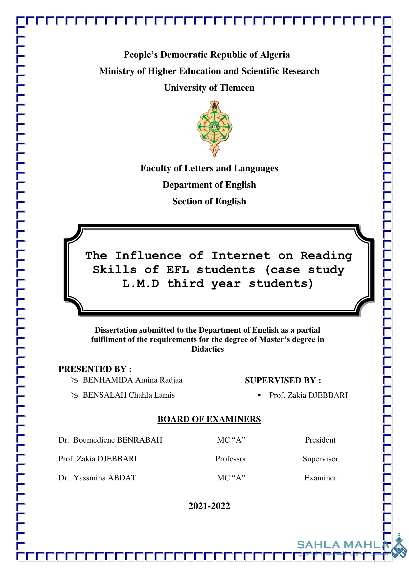 The Influence of Internet on Reading Skills of EFL students (case study L.M.D third year students)