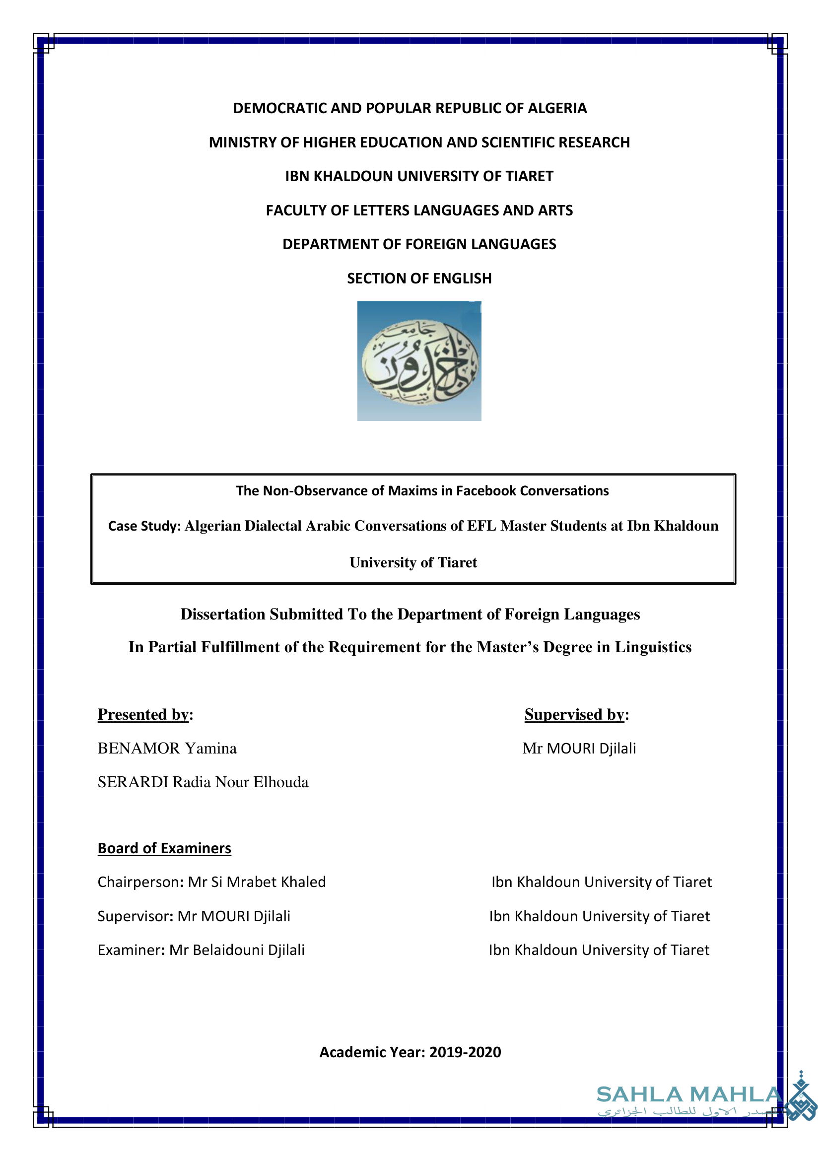 The Non-Observance of Maxims in Facebook Conversations Case Study: Algerian Dialectal Arabic Conversations of EFL Master Students at Ibn Khaldoun University of Tiaret