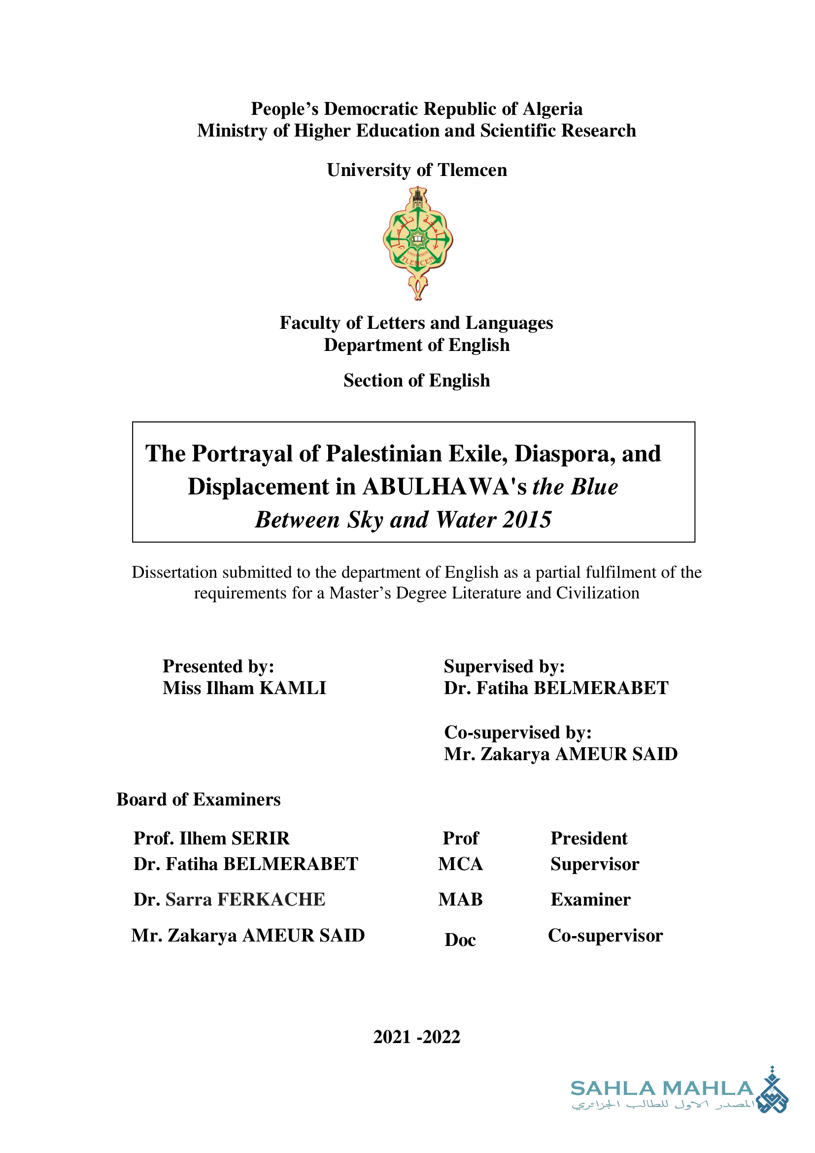 The Portrayal of Palestinian Exile, Diaspora, and Displacement in ABULHAWA's the Blue Between Sky and Water 2015