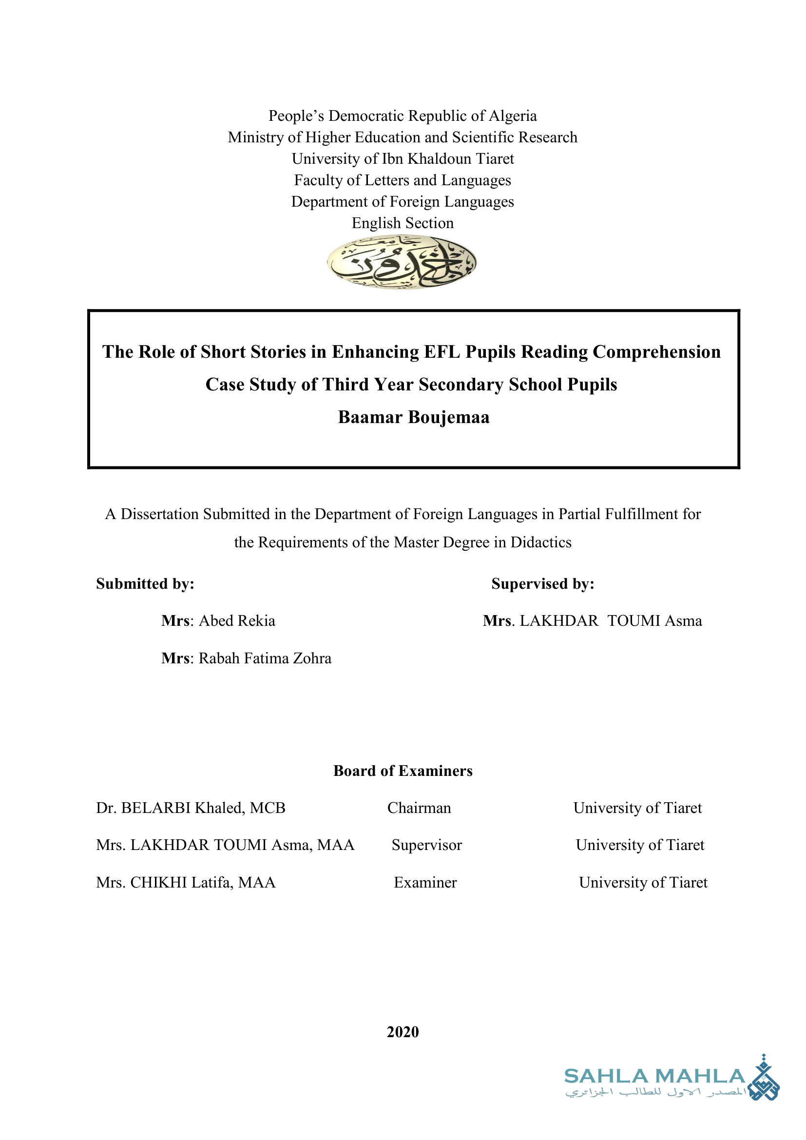 The Role of Short Stories in Enhancing EFL Pupils Reading Comprehension Case Study of Third Year Secondary School Pupils Baamar Boujemaa