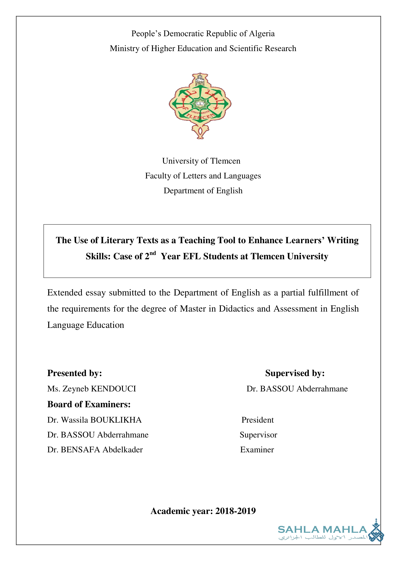 The Use of Literary Texts as a Teaching Tool to Enhance Learners' Writing Skills: Case of 2nd Year EFL Students at Tlemcen University
